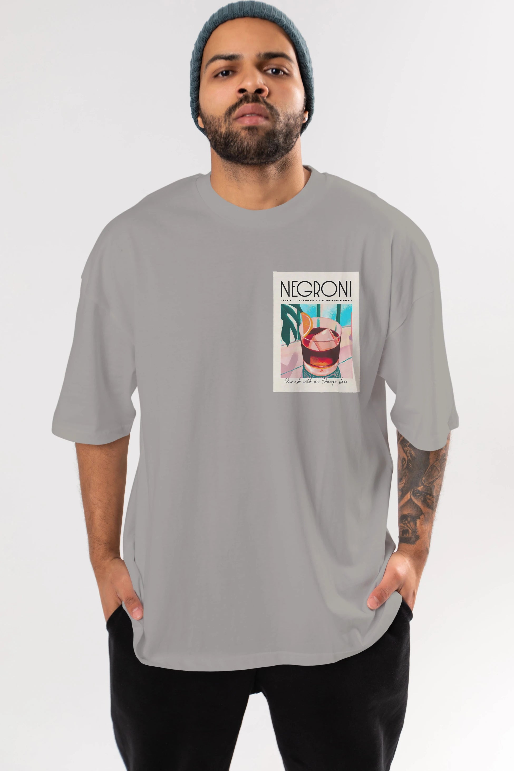 Negroni 4 Ön Sol Baskılı Oversize t-shirt Erkek Kadın Unisex %100 Pamuk Bisiklet Yaka tişort