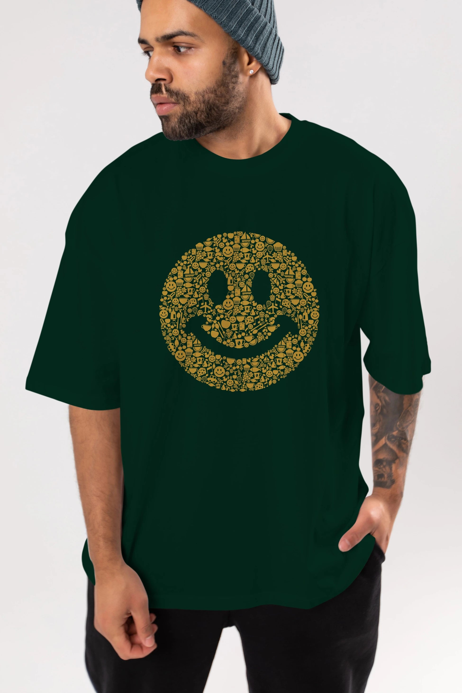 Smiley Ön Baskılı Oversize t-shirt %100 pamuk Erkek Kadın Unisex