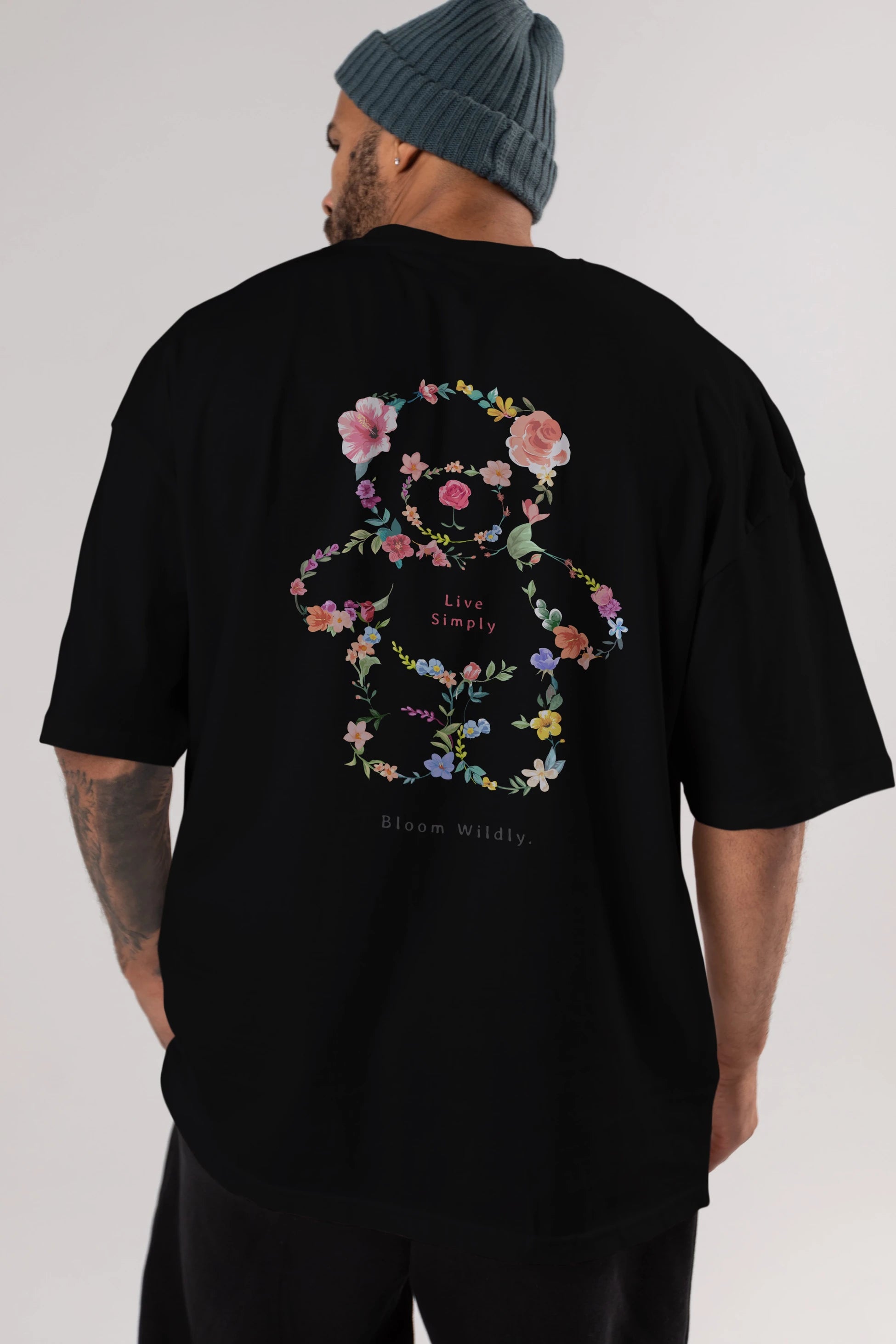 Teddy Bear Flowers Arka Baskılı Oversize t-shirt Erkek Kadın Unisex