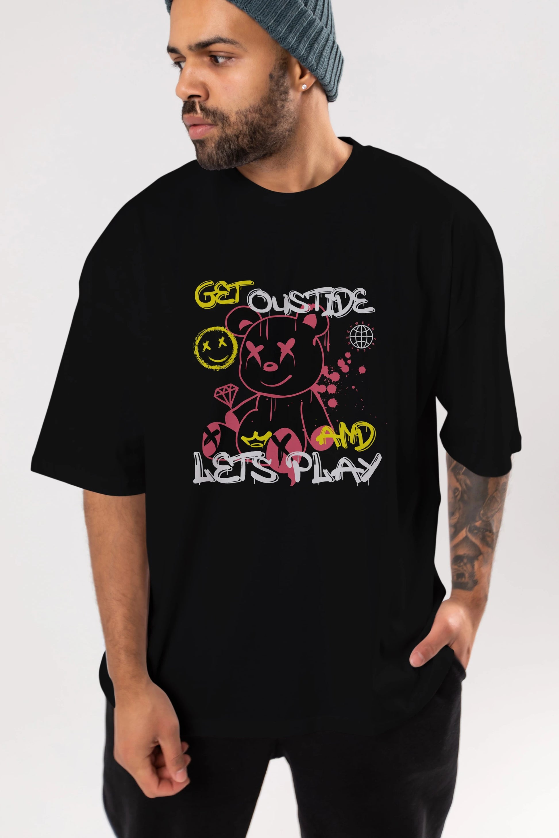 Get Outside Bear Ön Baskılı Oversize t-shirt Erkek Kadın Unisex