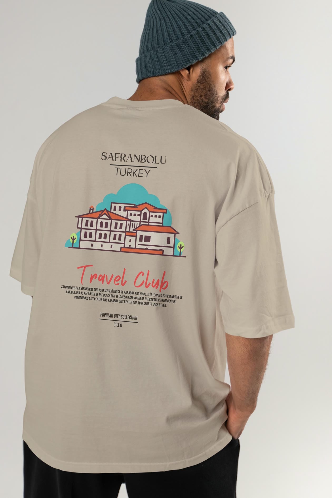 Safranbolu Turkey Arka Baskılı Oversize t-shirt Erkek Kadın Pamuk Bisiklet Yaka tişort