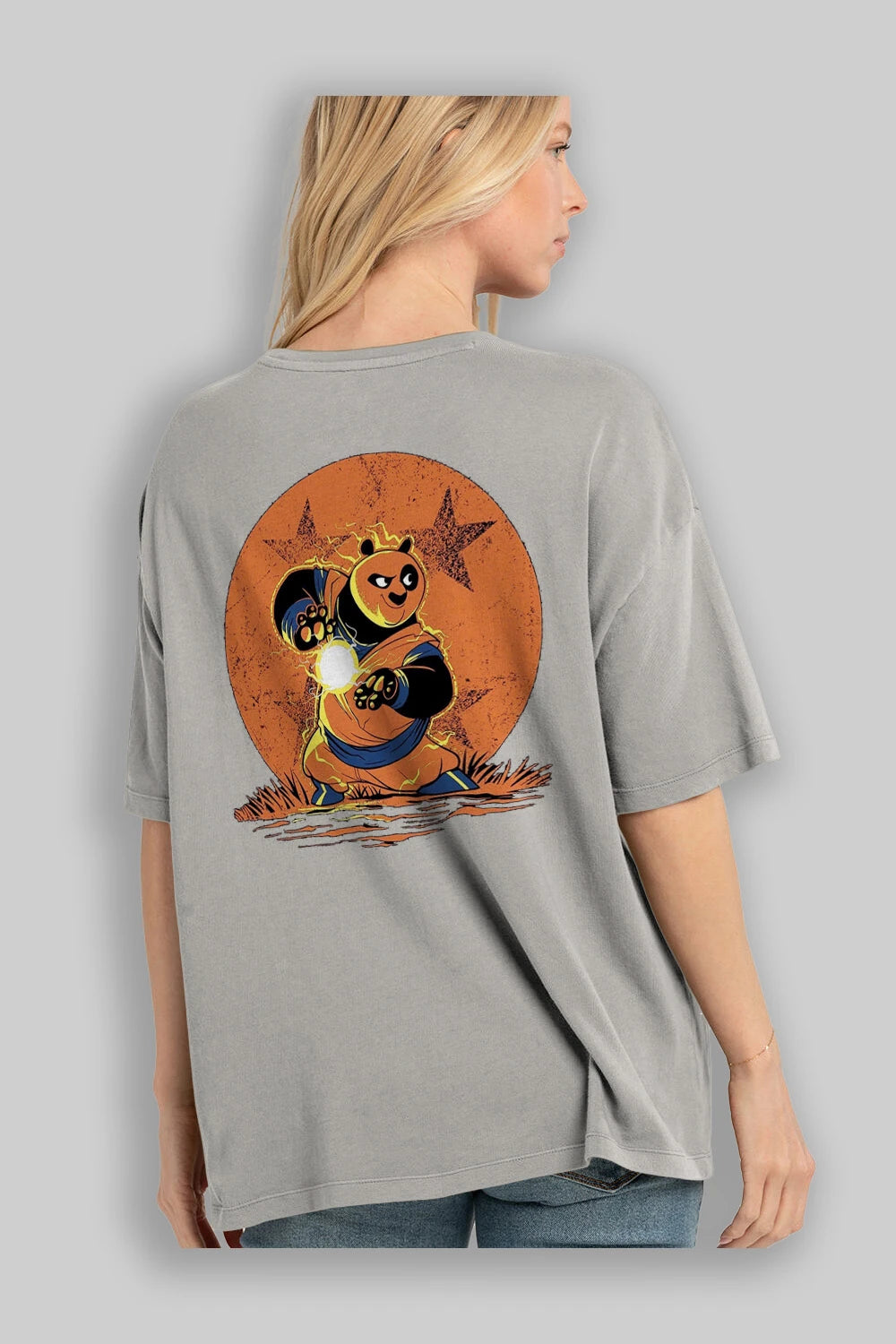 Kung Fu Panda Arka Baskılı Oversize t-shirt Erkek Kadın Unisex %100 Pamuk Bisiklet Yaka tişort