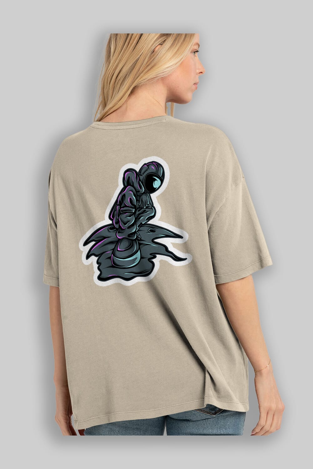Stylish Astronaut Sticker Arka Baskılı Oversize t-shirt Erkek Kadın Unisex
