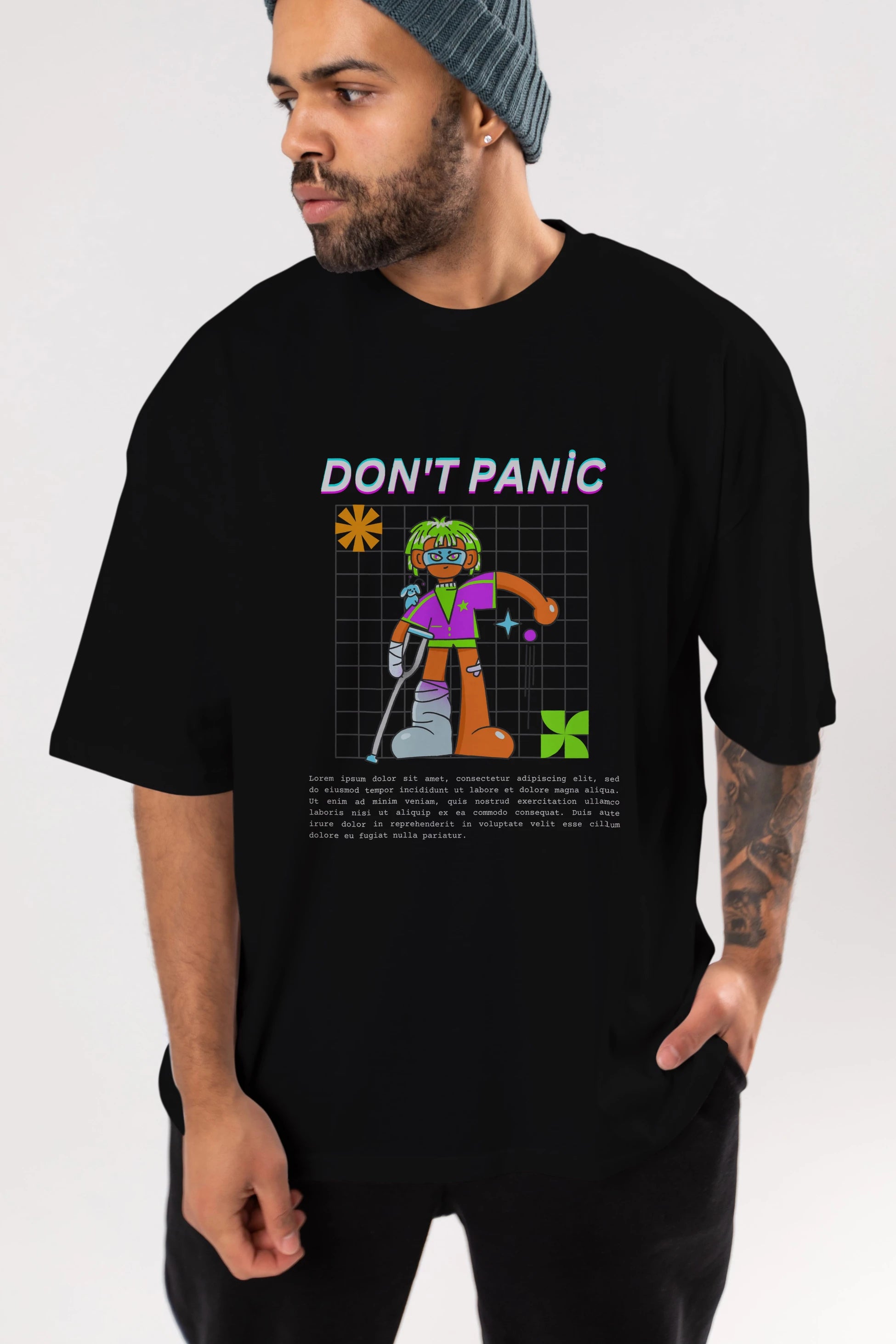 Dont Panic Yazılı Ön Baskılı Oversize t-shirt Erkek Kadın Unisex