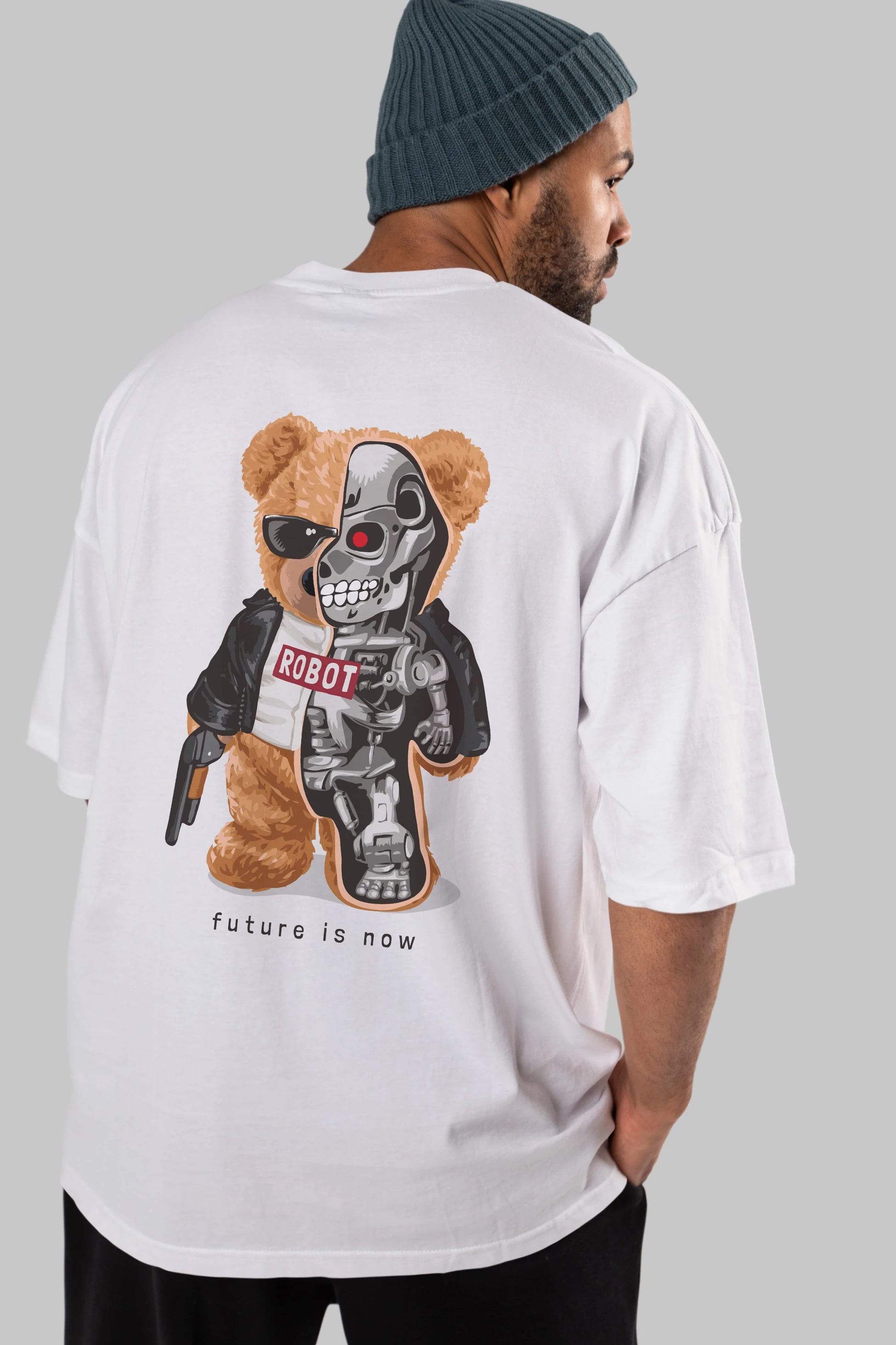 Teddy Bear Robot Arka Baskılı Oversize t-shirt Erkek Kadın Unisex %100 Pamuk