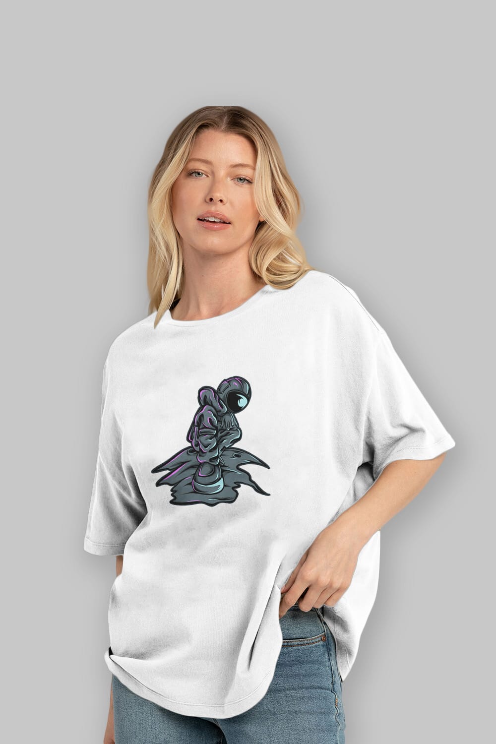 Stylish Astronaut Sticker Ön Baskılı Oversize t-shirt Erkek Kadın Unisex