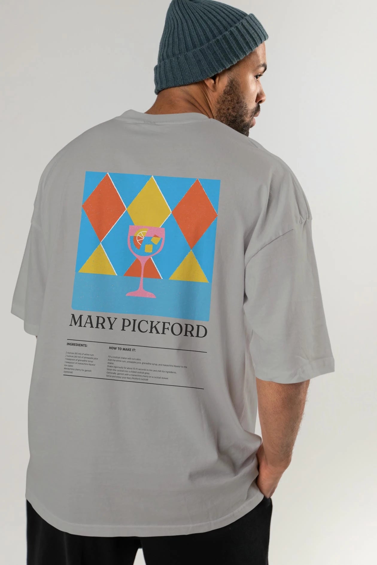 Mary Pickford Kokteyl Serisi Arka Baskılı Oversize t-shirt Erkek Kadın %100 Pamuk Bisiklet Yaka tişort