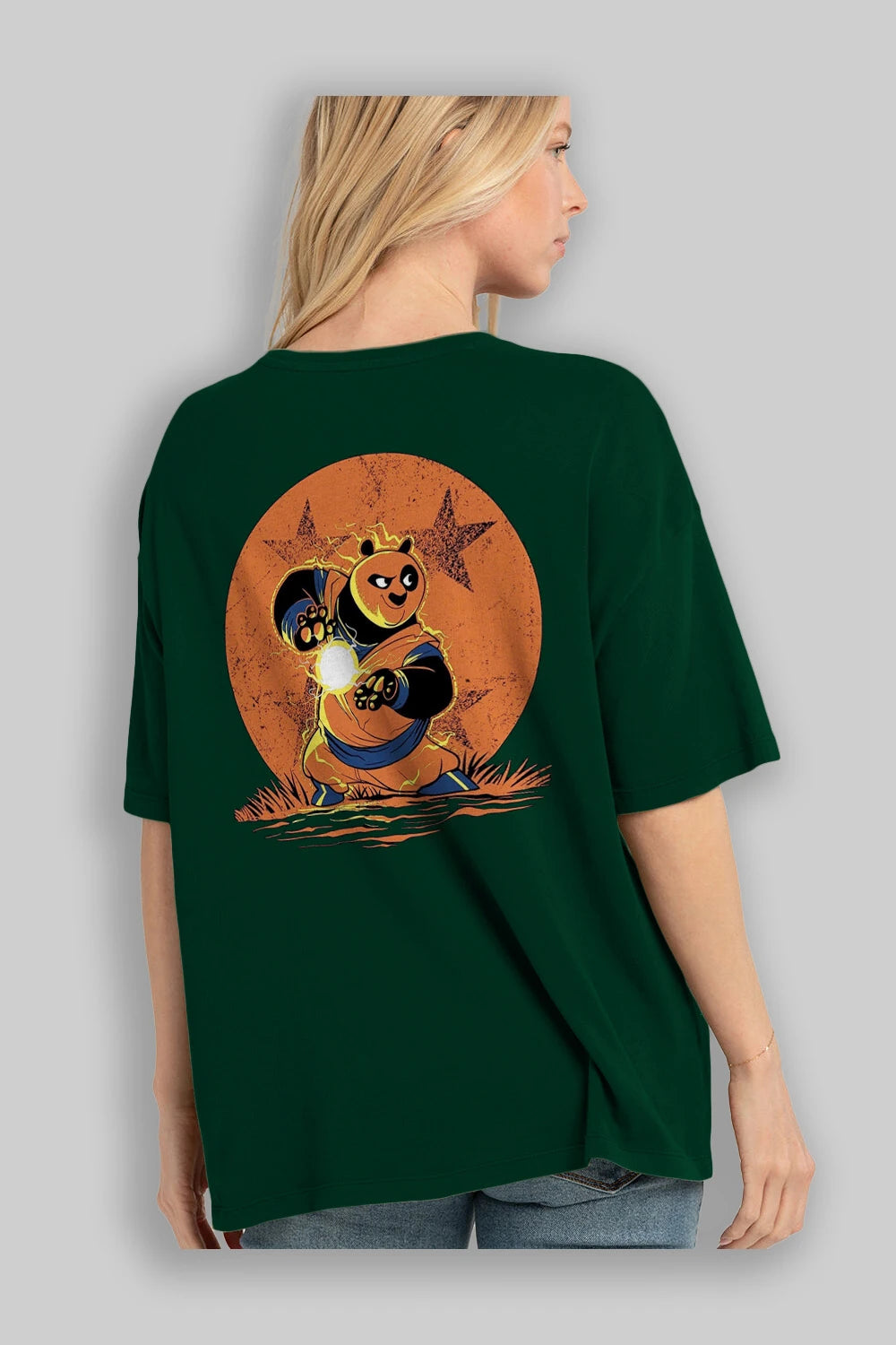 Kung Fu Panda Arka Baskılı Oversize t-shirt Erkek Kadın Unisex %100 Pamuk Bisiklet Yaka tişort