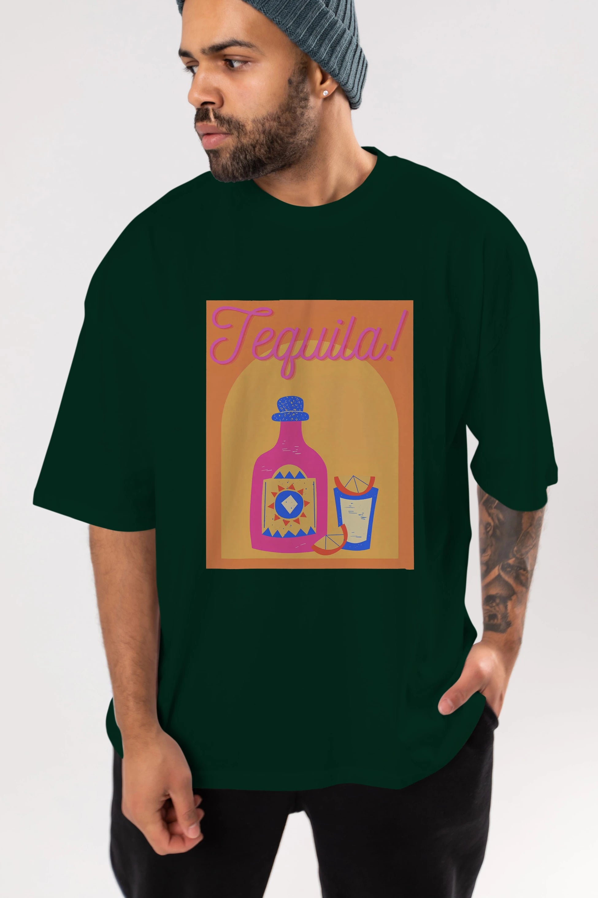 Tequila Ön Baskılı Oversize t-shirt Erkek Kadın Unisex %100 Pamuk Bisiklet Yaka tişort