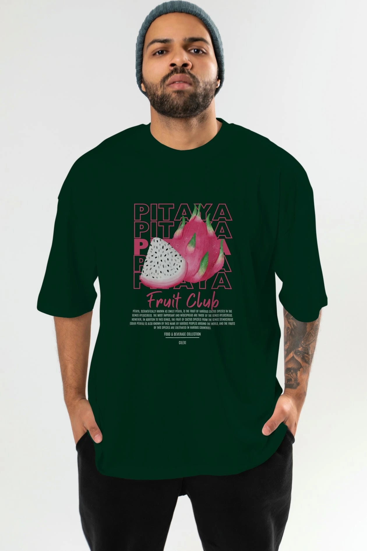 Pitaya Ön Baskılı Oversize t-shirt Erkek Kadın Pamuk Bisiklet Yaka tişort