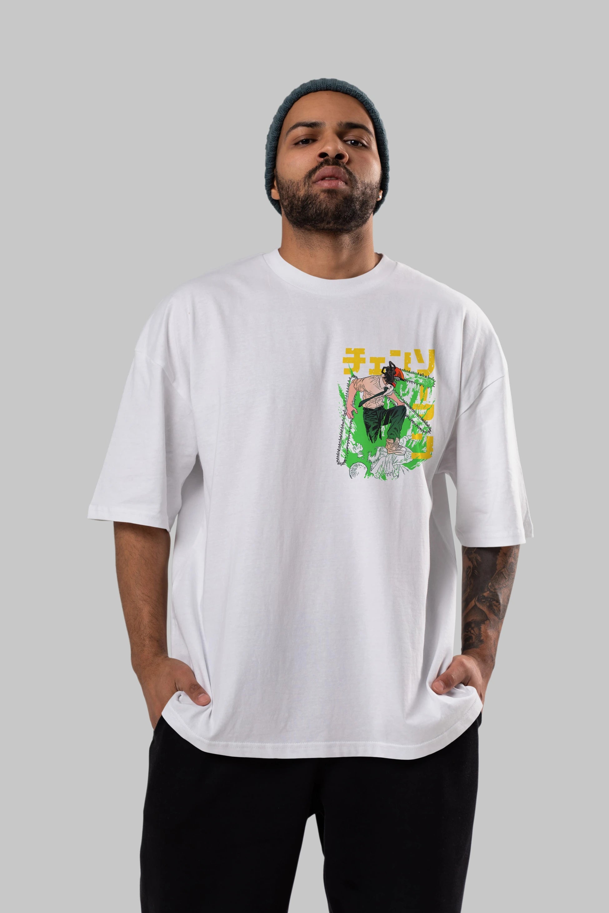 CHAINSAWMAN DENJI Ön Sol Baskılı Oversize t-shirt Erkek Kadın Unisex %100 Pamuk Bisiklet Yaka tişort