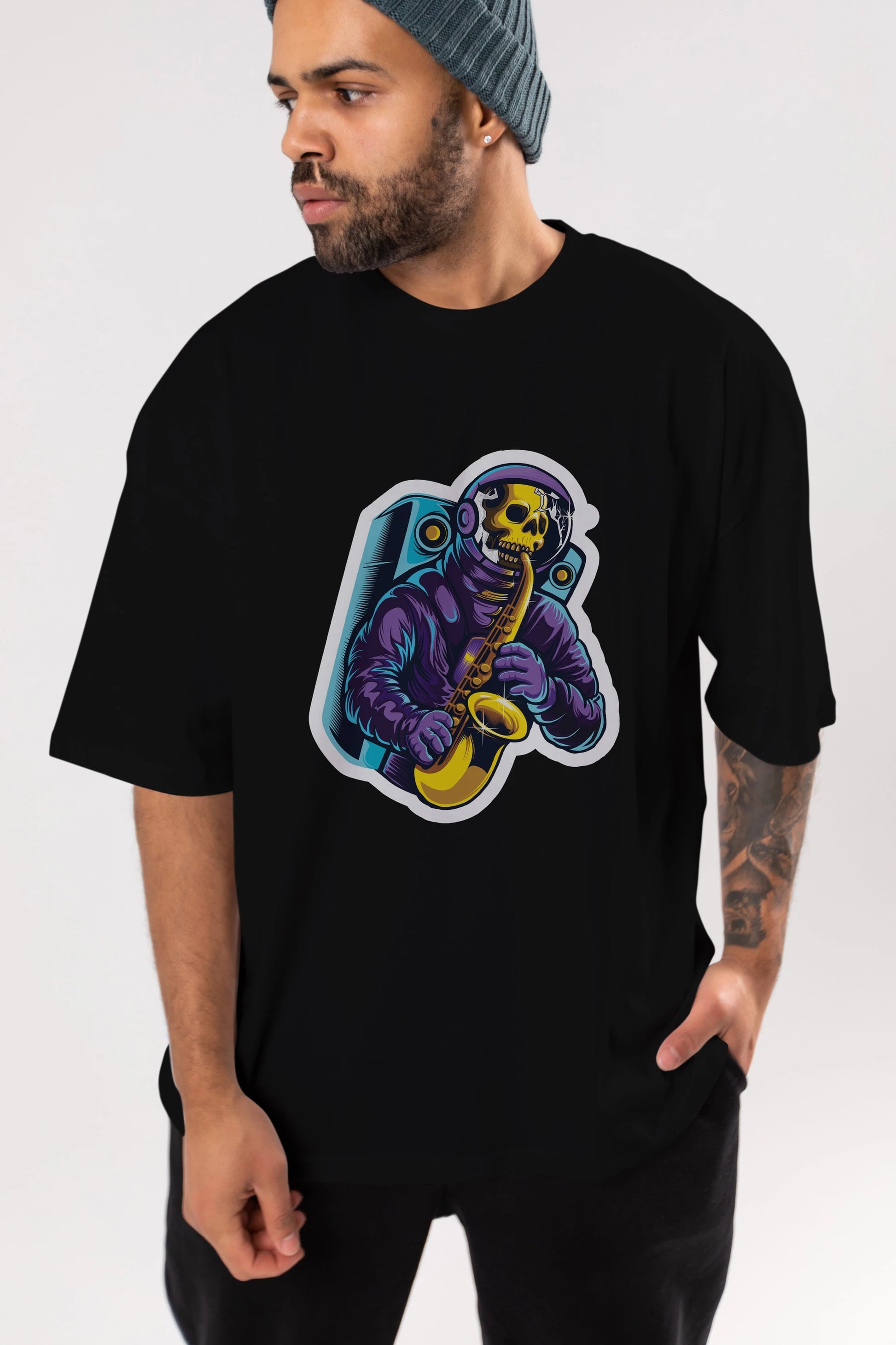 Astroskull Saxophonist Sticker Ön Baskılı Oversize t-shirt Erkek Kadın Unisex