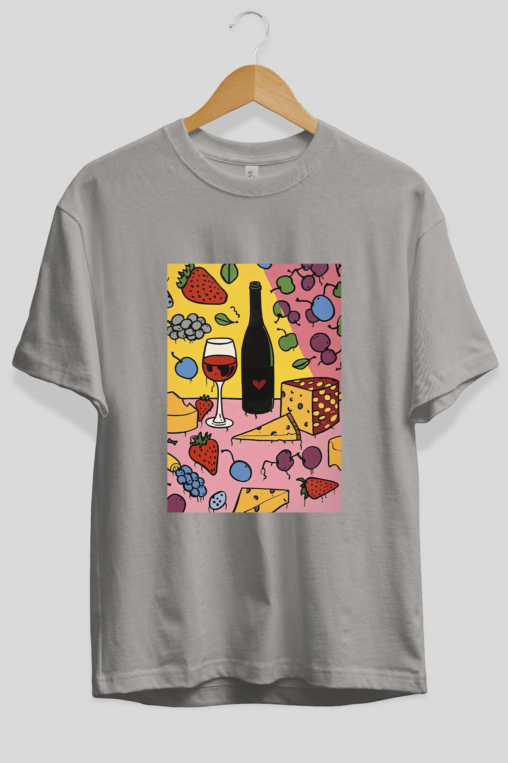 Wine Cheese Fruits Ön Baskılı Oversize t-shirt Erkek Kadın Unisex %100 Pamuk Bisiklet Yaka tişort