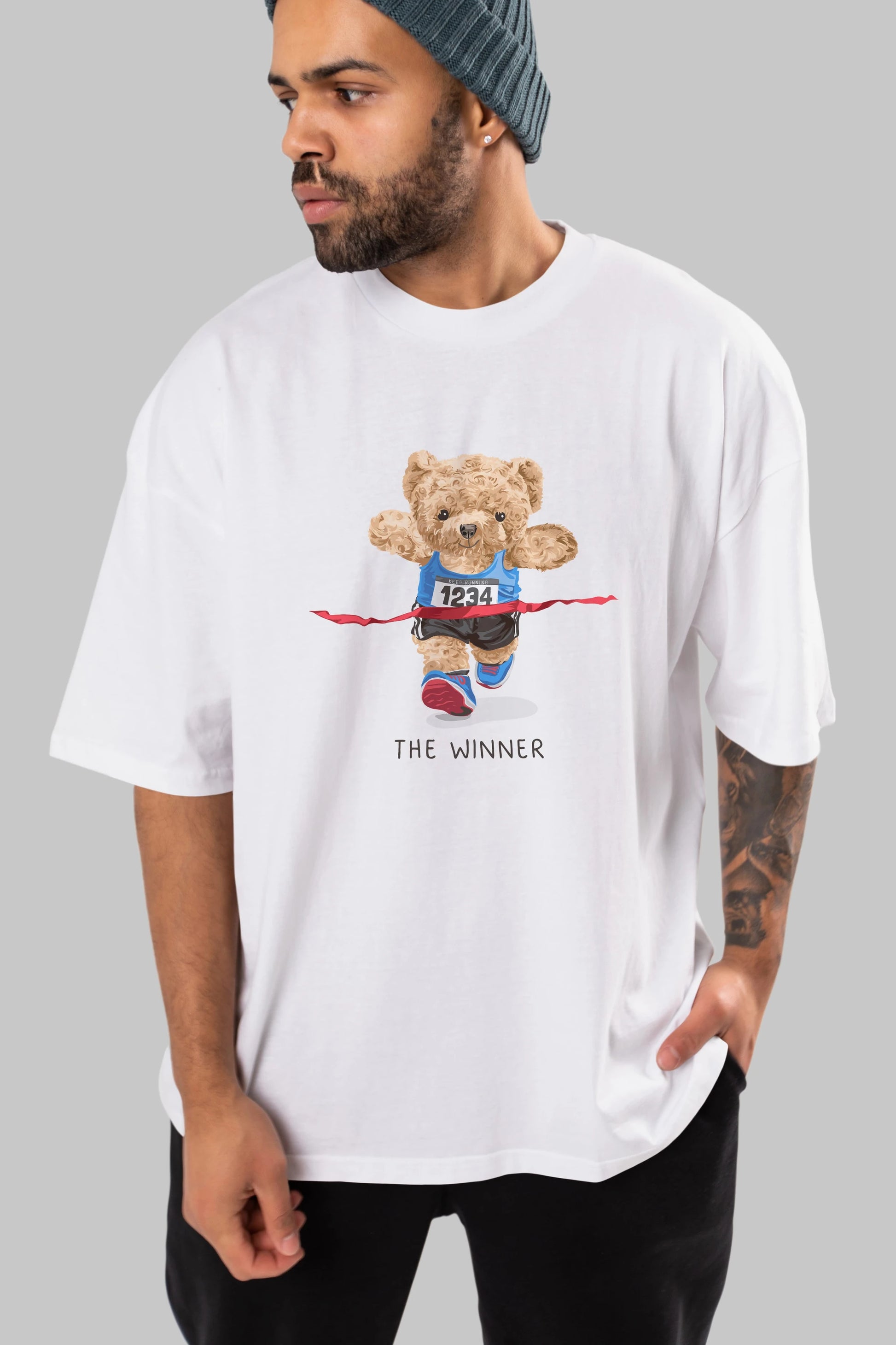 Teddy Bear The Winner Ön Baskılı Oversize t-shirt Erkek Kadın Unisex %100 Pamuk