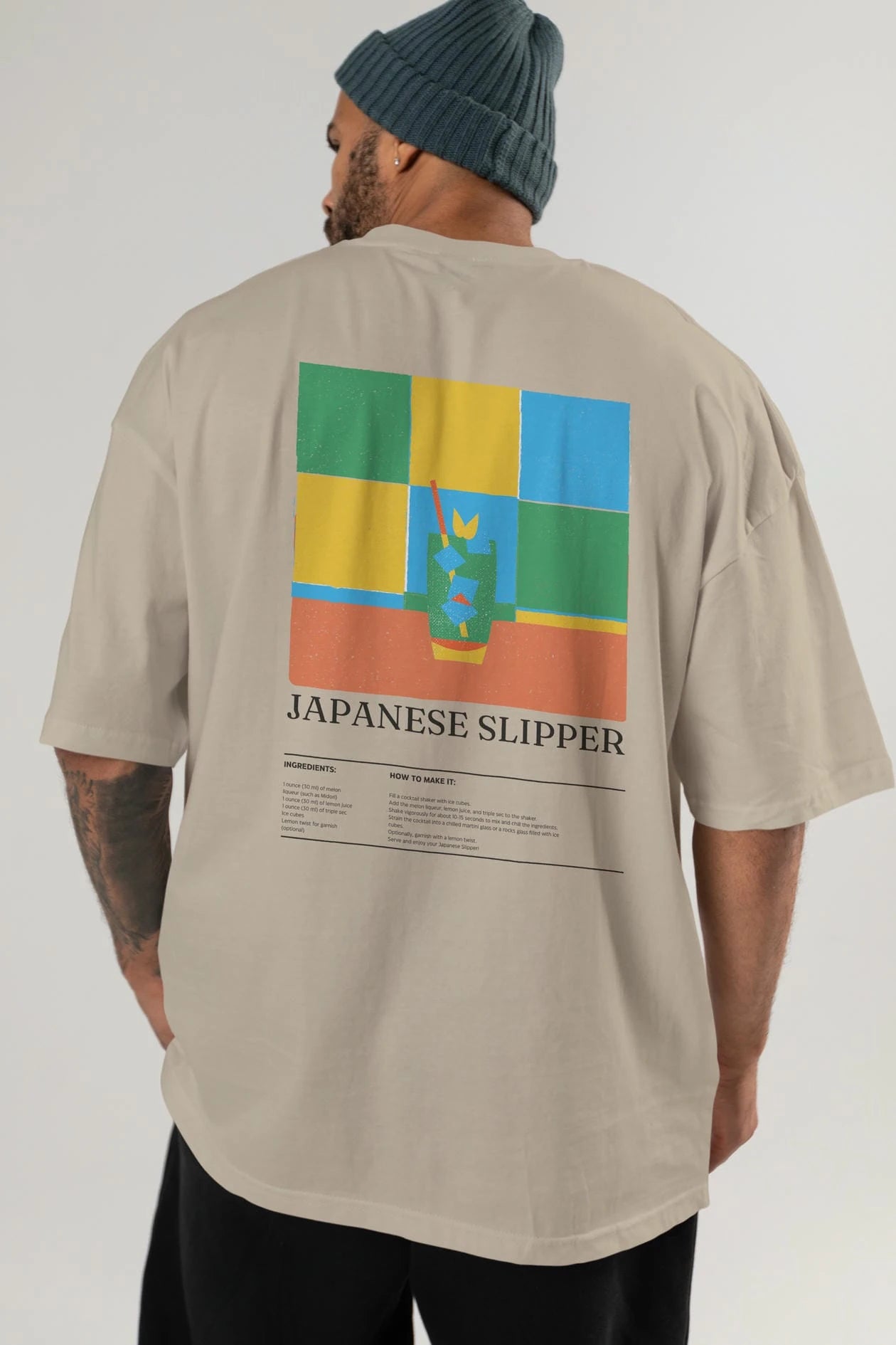 Japanese Slipper Kokteyl Serisi Arka Baskılı Oversize t-shirt Erkek Kadın %100 Pamuk Bisiklet Yaka tişort