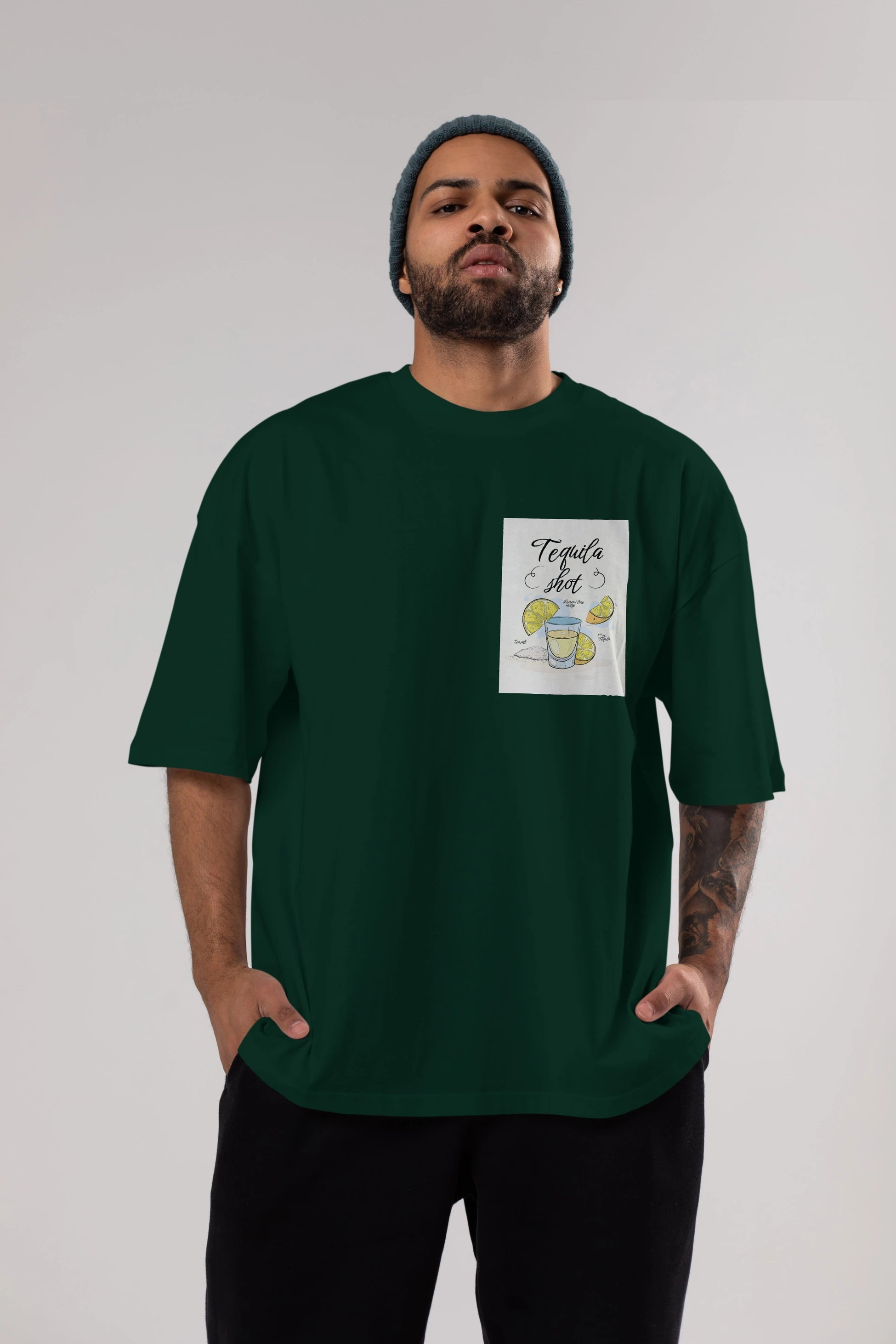 Tequila Shot Ön Sol Baskılı Oversize t-shirt Erkek Kadın Unisex %100 Pamuk Bisiklet Yaka tişort