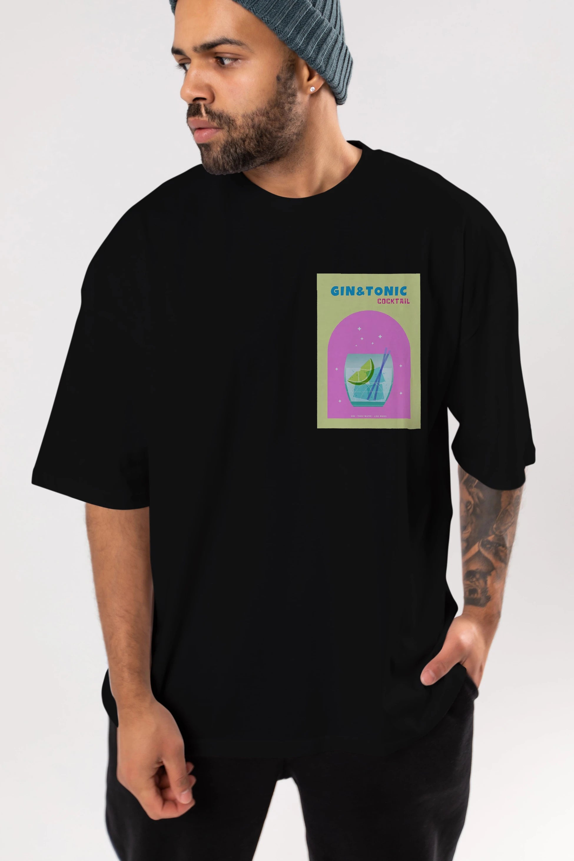 Gin Tonic Cocktail Ön Sol Baskılı Oversize t-shirt Erkek Kadın Unisex %100 Pamuk Bisiklet Yaka tişort