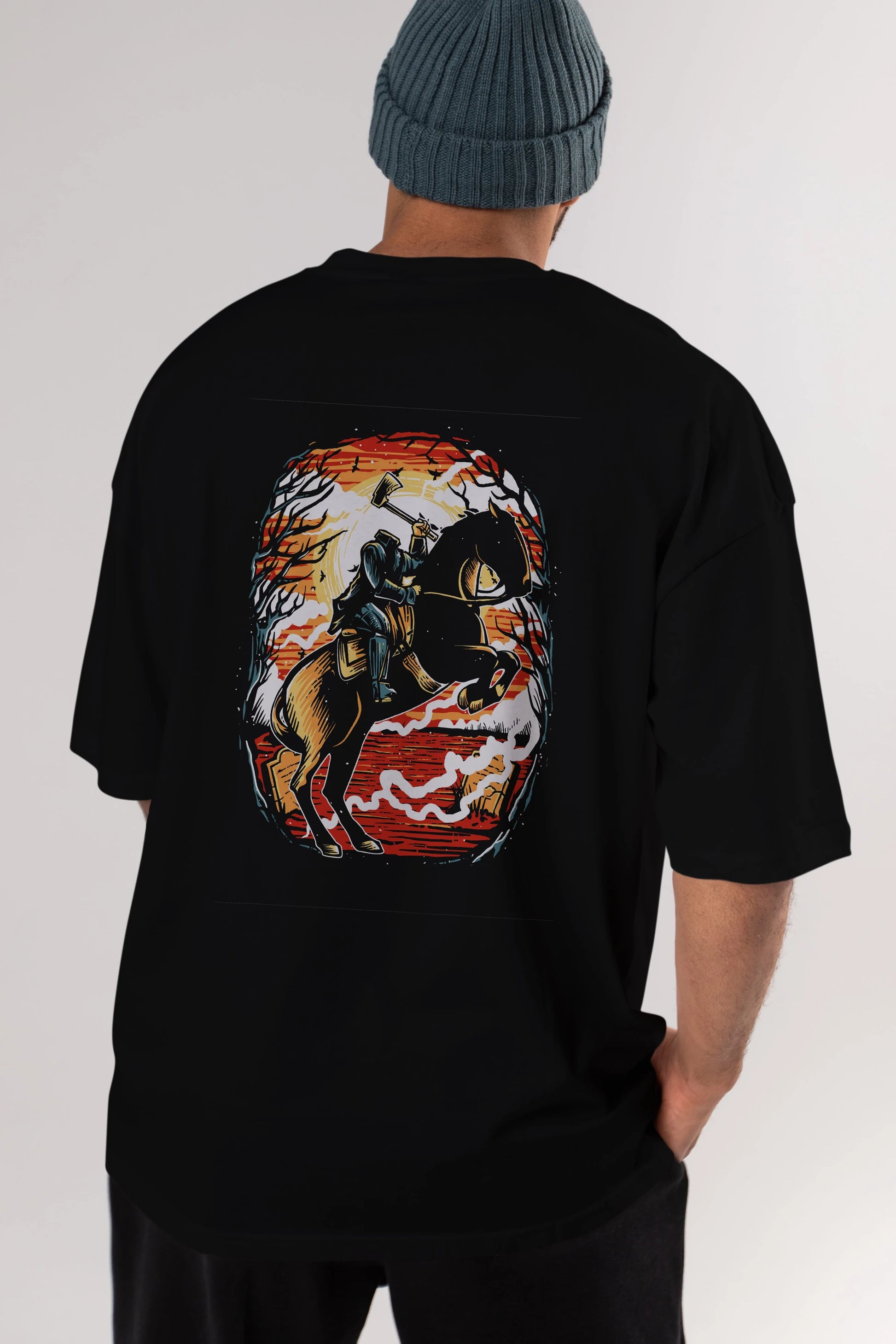 Headless Horseman Arka Baskılı Oversize t-shirt Erkek Kadın Unisex %100 Pamuk
