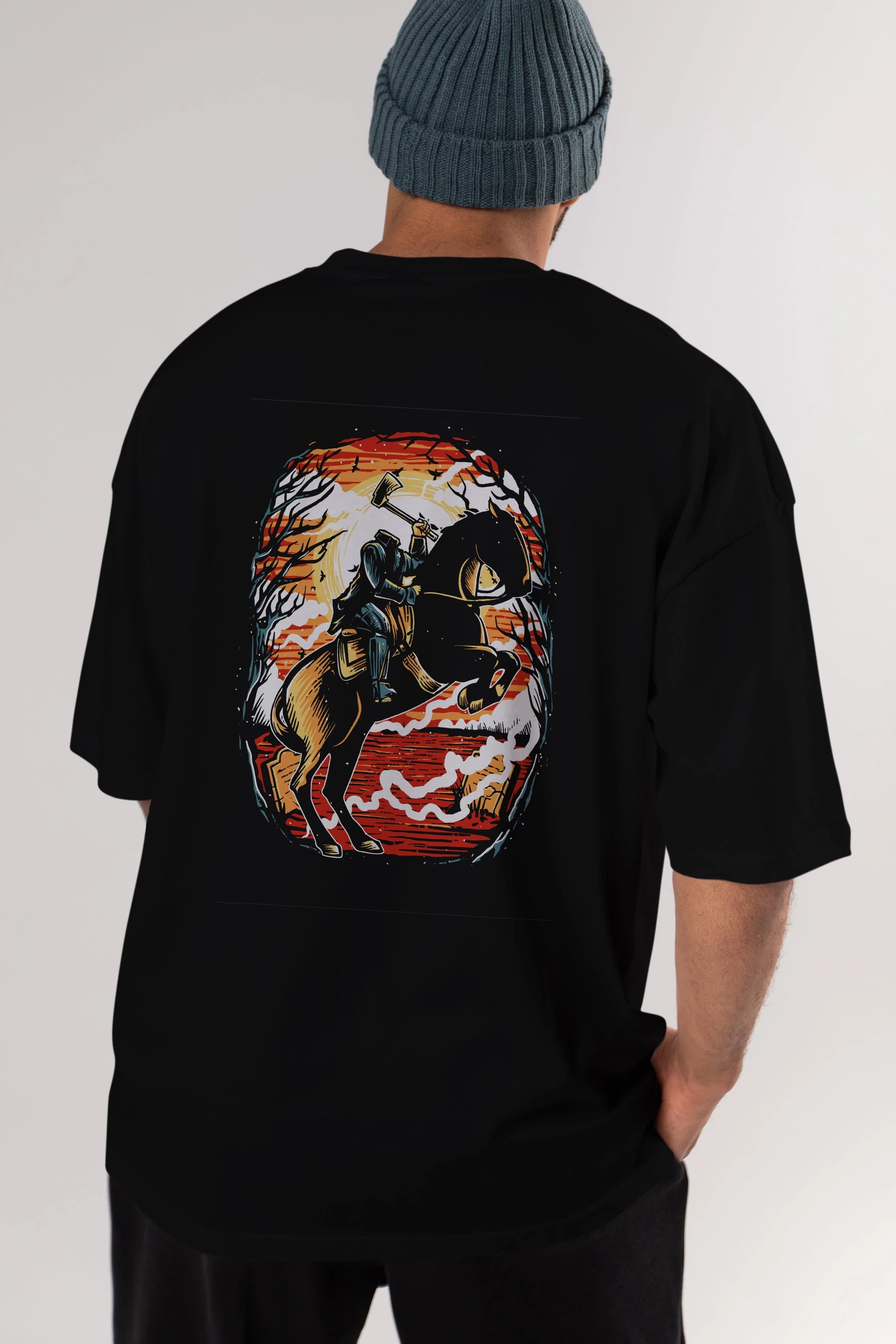 Headless Horseman Arka Baskılı Oversize t-shirt Erkek Kadın Unisex %100 Pamuk