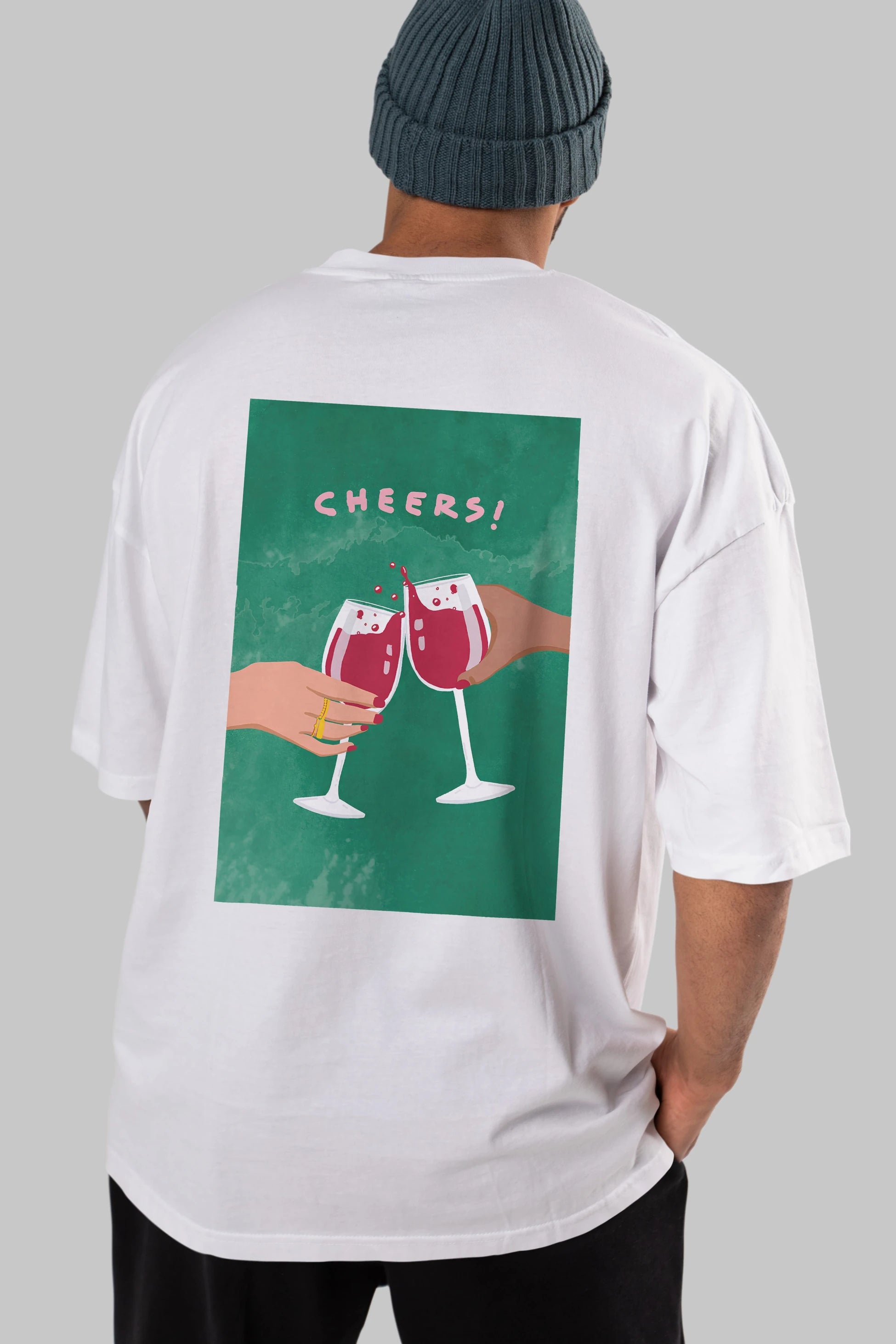 Cheers Arka Baskılı Oversize t-shirt Erkek Kadın Unisex %100 Pamuk Bisiklet Yaka tişort