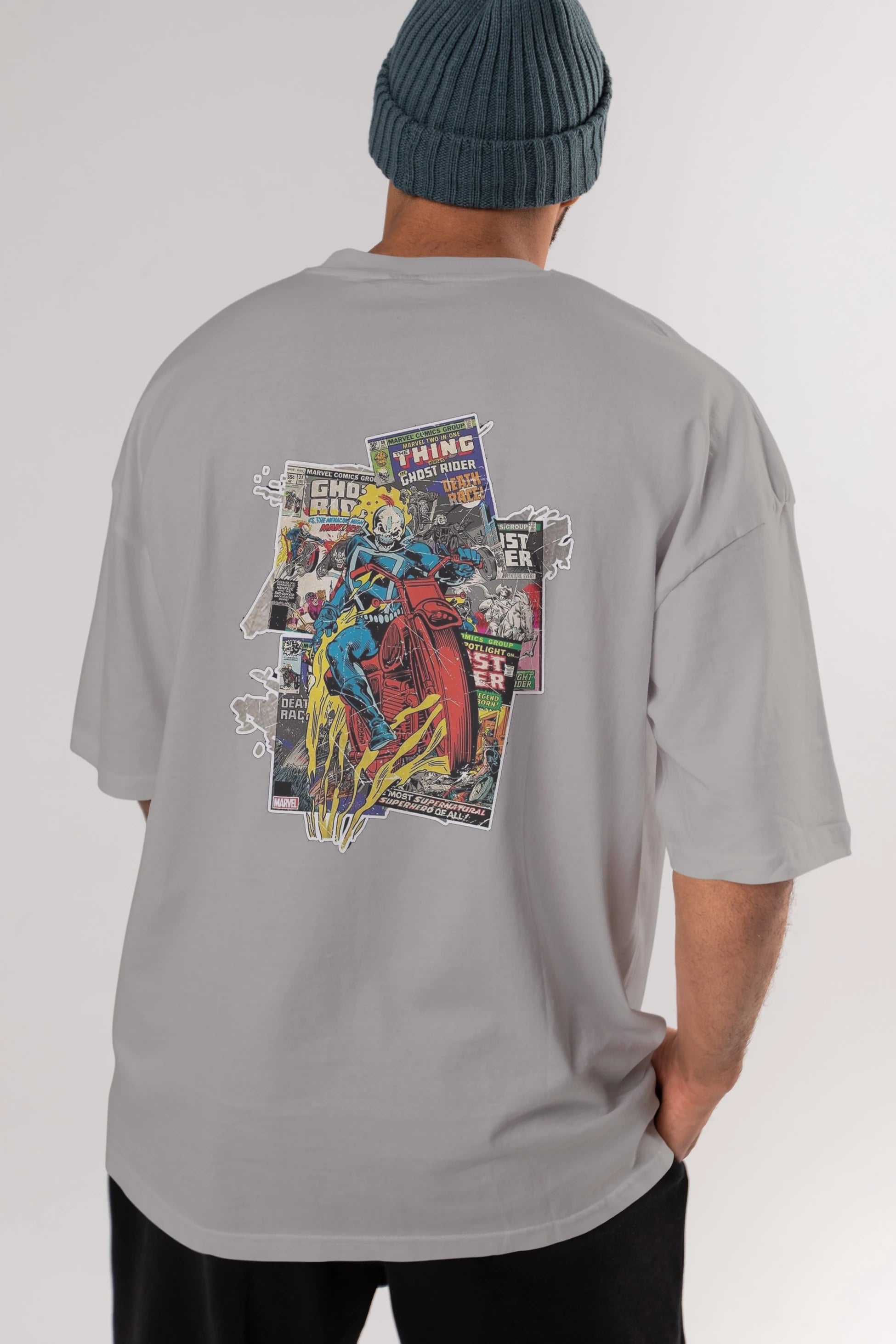 Ghost Rider Arka Baskılı Oversize t-shirt Erkek Kadın Unisex %100 Pamuk Bisiklet Yaka tişort