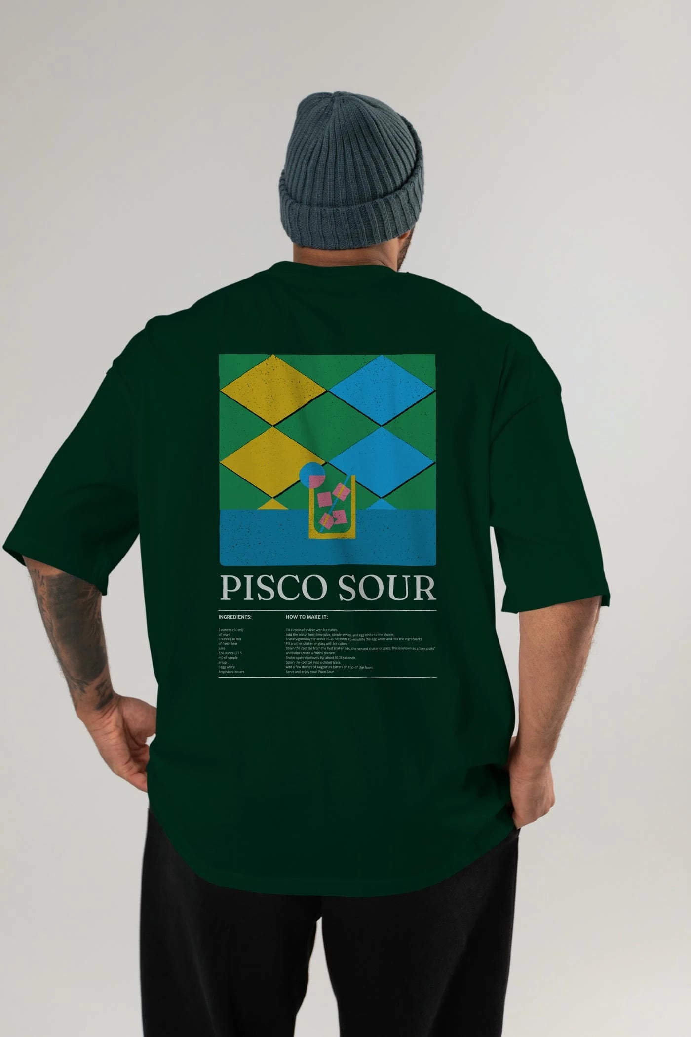 Pisco Sour Kokteyl Serisi Arka Baskılı Oversize t-shirt Erkek Kadın %100 Pamuk Bisiklet Yaka tişort