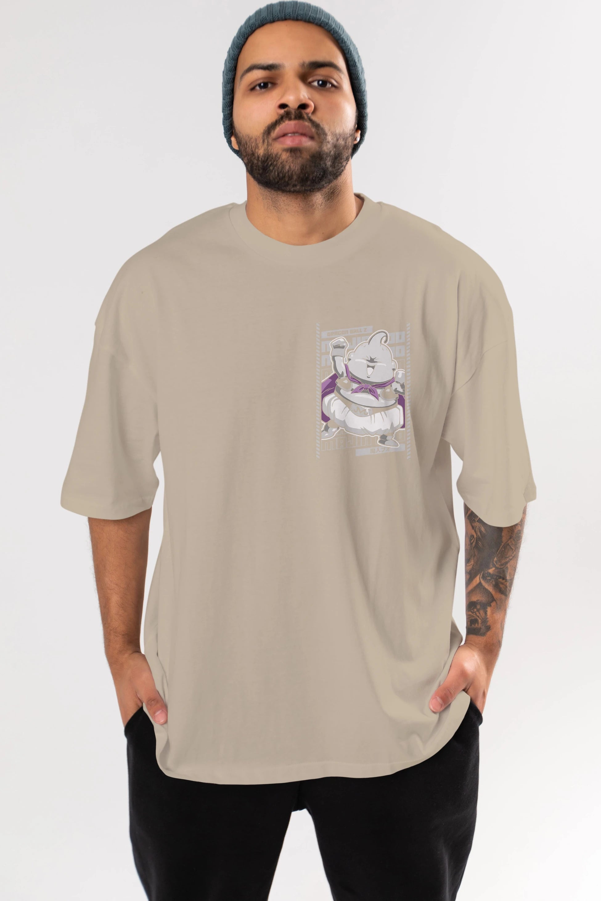 MAJIN BOO2 Ön Sol Baskılı Oversize t-shirt Erkek Kadın Unisex %100 Pamuk Bisiklet Yaka tişort