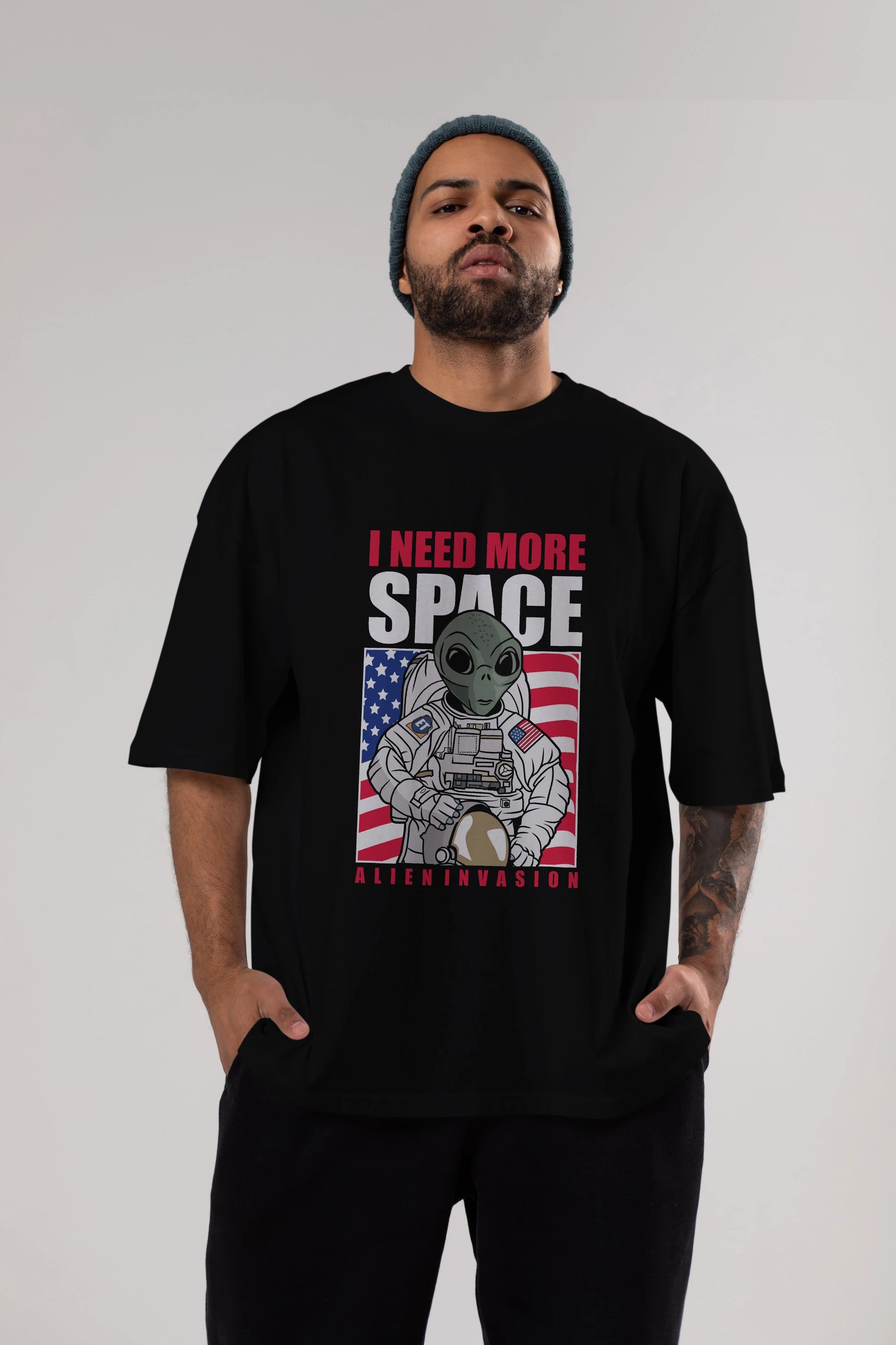 Alien Astronaut Ön Baskılı Oversize t-shirt Erkek Kadın Unisex %100 Pamuk tişort