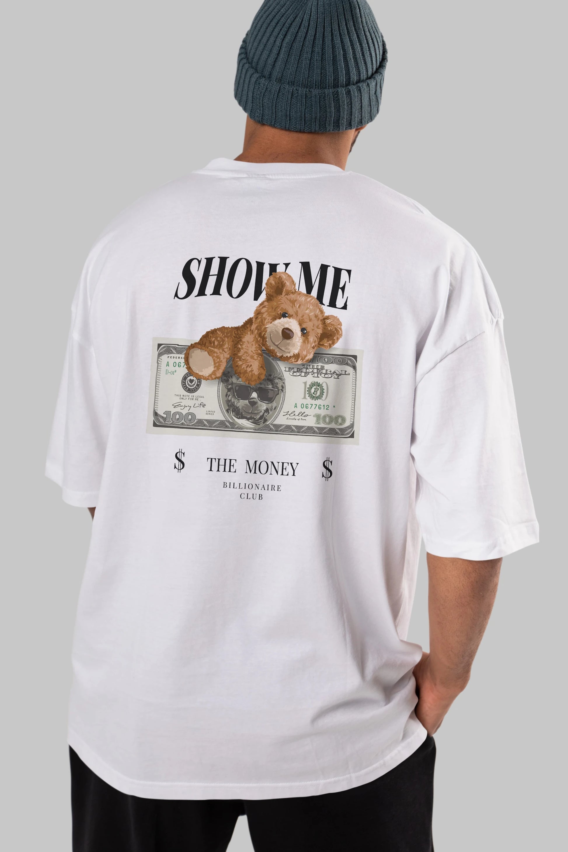 Teddy Bear The Money Arka Baskılı Oversize t-shirt Erkek Kadın Unisex %100 Pamuk