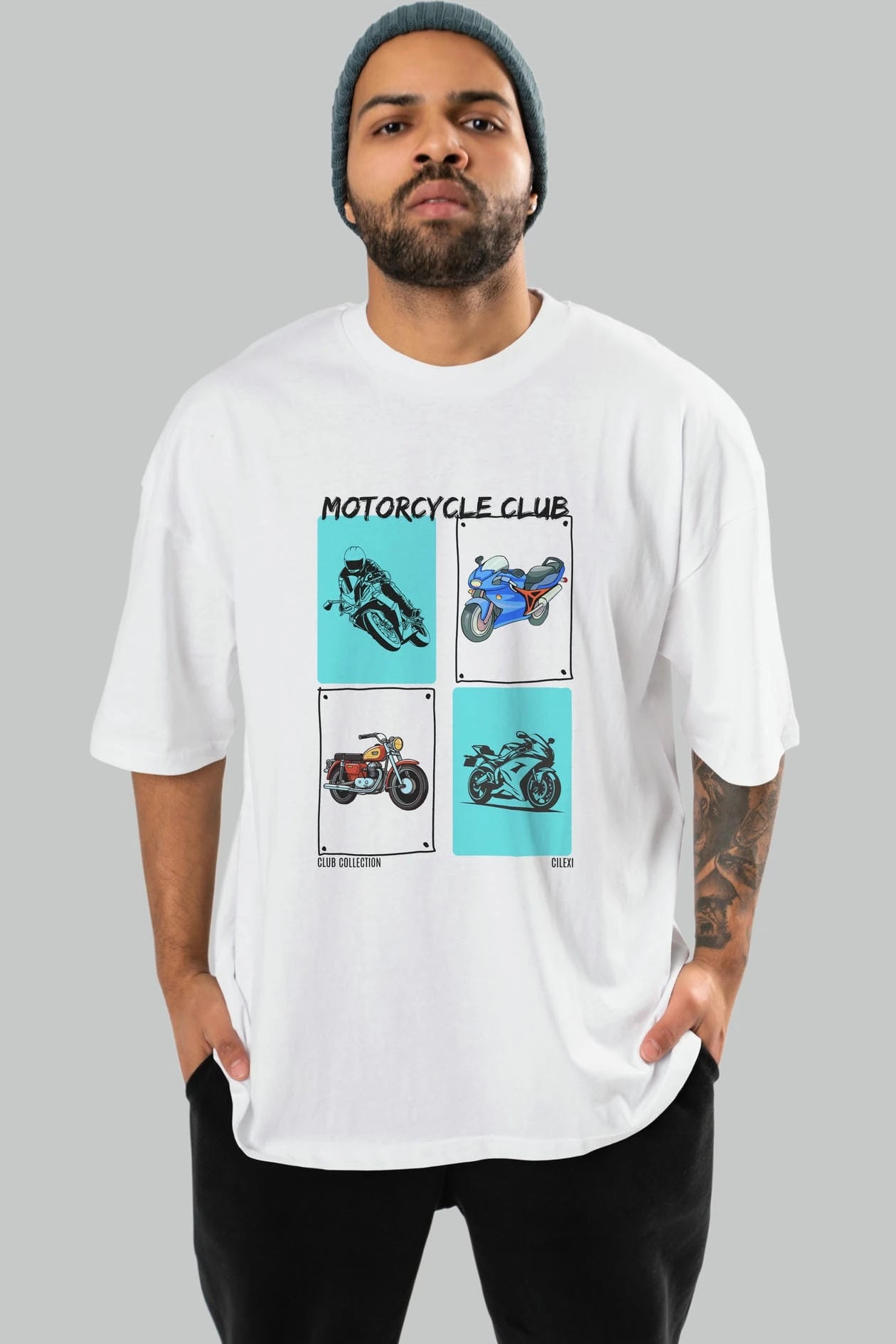 Motorcycle Club ön Baskılı Oversize t-shirt Erkek Kadın %100 Pamuk Bisiklet Yaka tişort