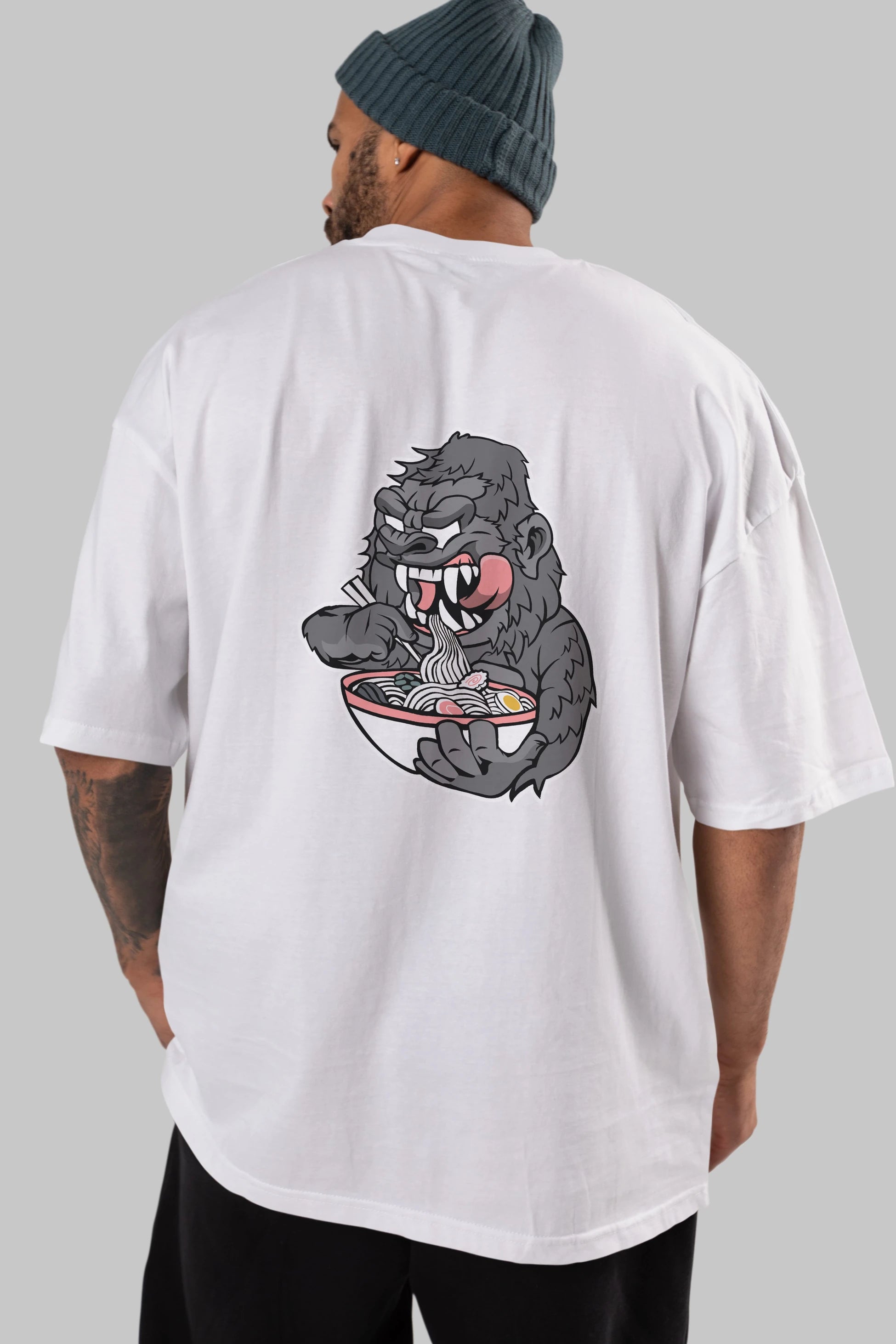 Big Gorilla Ramen Arka Baskılı Oversize t-shirt Erkek Kadın Unisex %100 Pamuk tişort