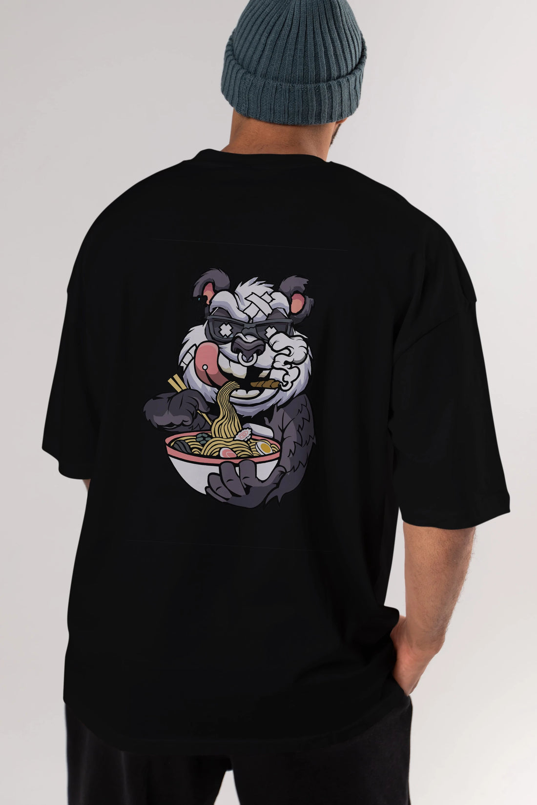 Panda Ramen Arka Baskılı Oversize t-shirt Erkek Kadın Unisex %100 Pamuk tişort