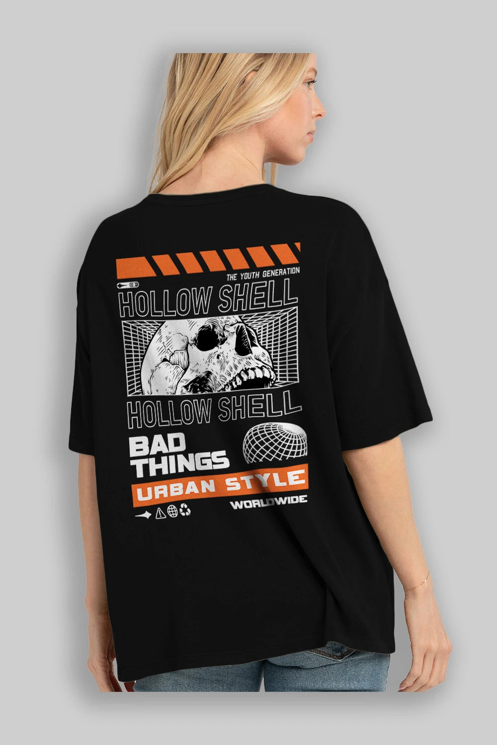 Hollow Shell Arka Baskılı Oversize t-shirt Erkek Kadın Unisex