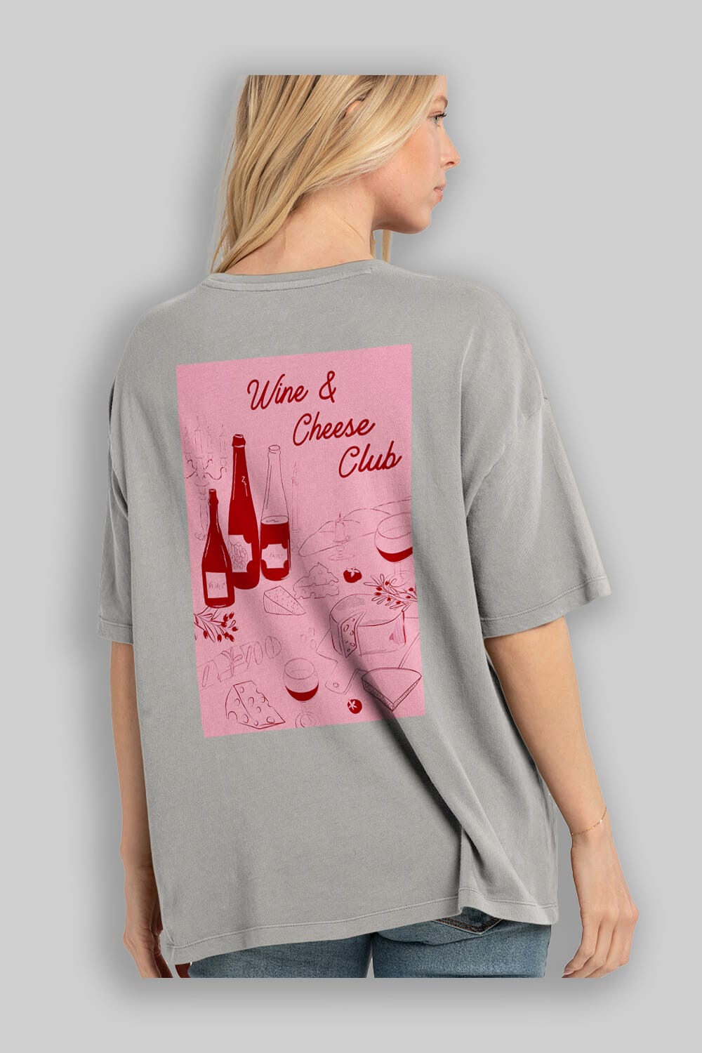 Wine Cheese Club Arka Baskılı Oversize t-shirt Erkek Kadın Unisex %100 Pamuk Bisiklet Yaka tişort