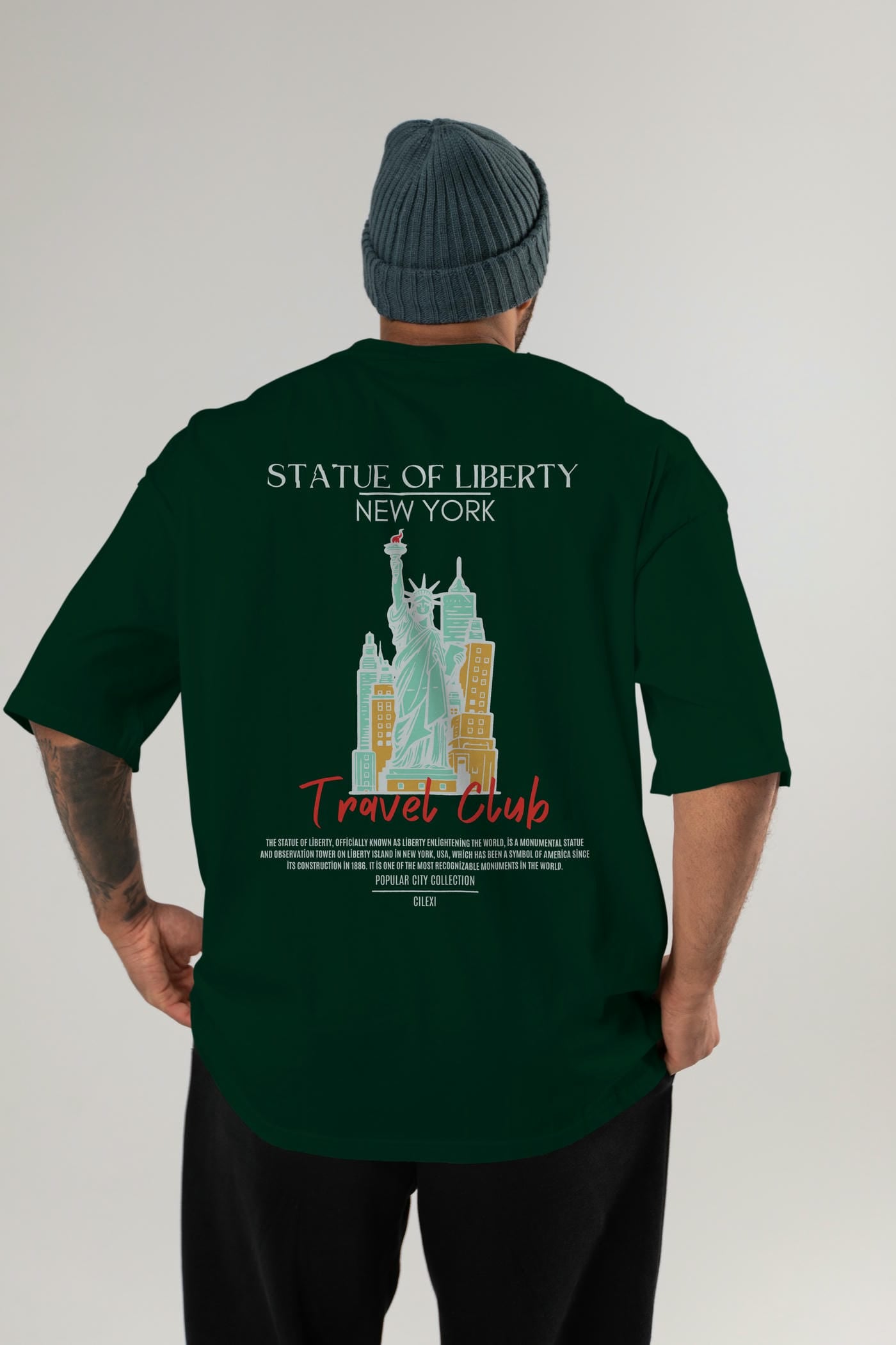 Statue Of Liberty New York Arka Baskılı Oversize t-shirt Erkek Kadın Pamuk Bisiklet Yaka tişort