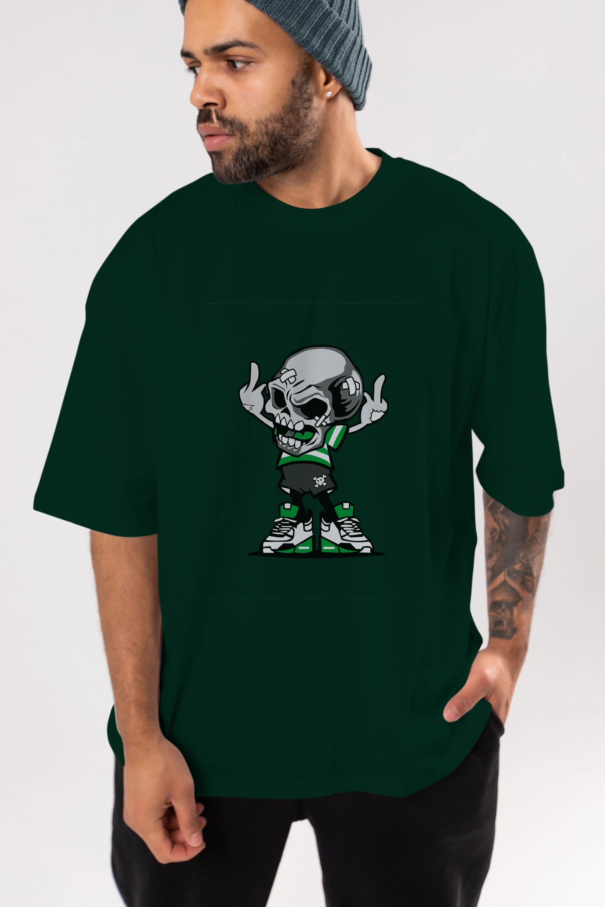 Skull F Hand Ön Baskılı Oversize t-shirt Erkek Kadın Unisex %100 Pamuk tişort