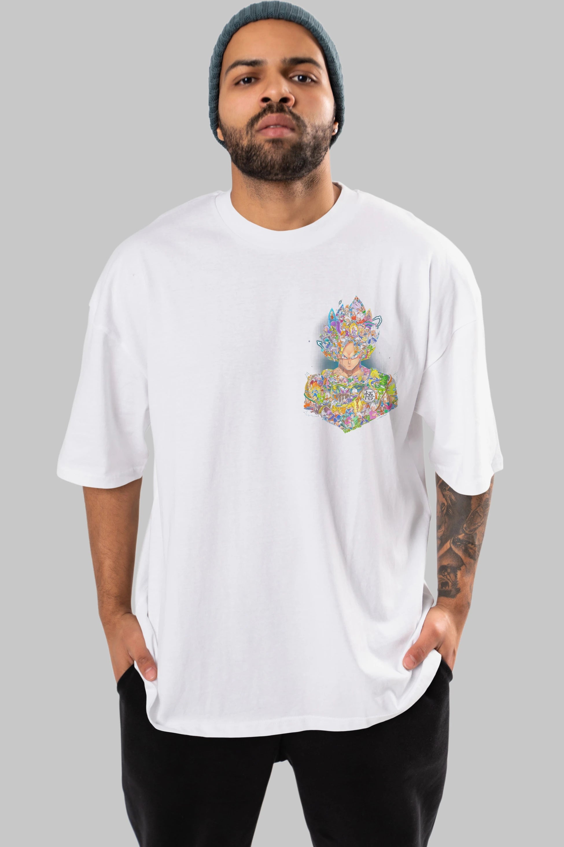 DRAGON BALL ART Ön Sol Baskılı Oversize t-shirt Erkek Kadın Unisex %100 Pamuk Bisiklet Yaka tişort