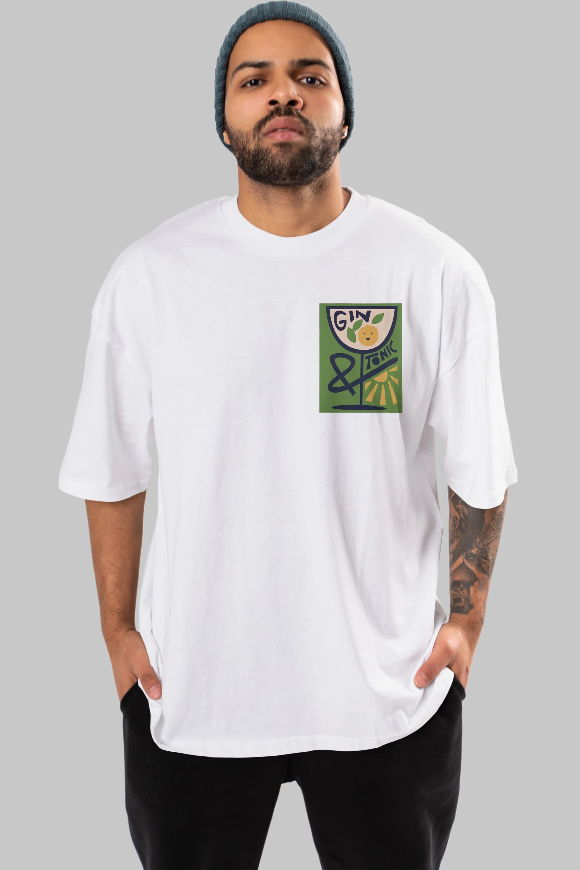 Gin Tonic 3 Ön Sol Baskılı Oversize t-shirt Erkek Kadın Unisex %100 Pamuk Bisiklet Yaka tişort