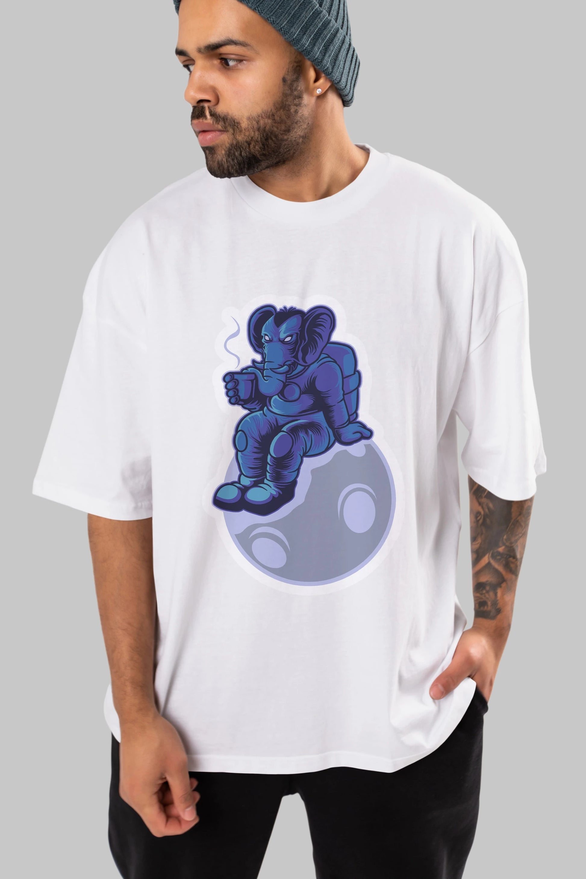 Space Elephant Drink Coffee Sticker Ön Baskılı Oversize t-shirt Erkek Kadın Unisex