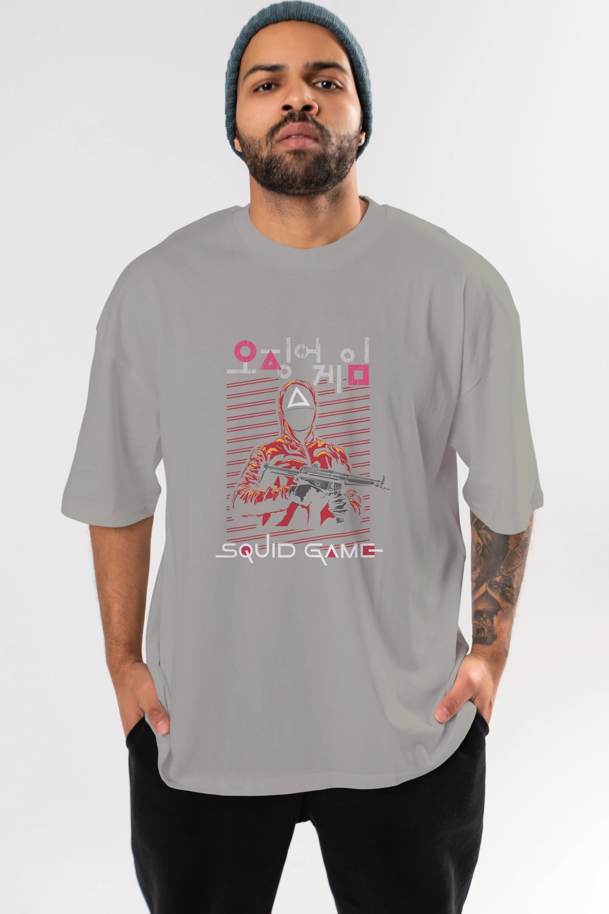 Squid Game (2) Ön Baskılı Oversize t-shirt Erkek Kadın Unisex %100 Pamuk Bisiklet Yaka tişort