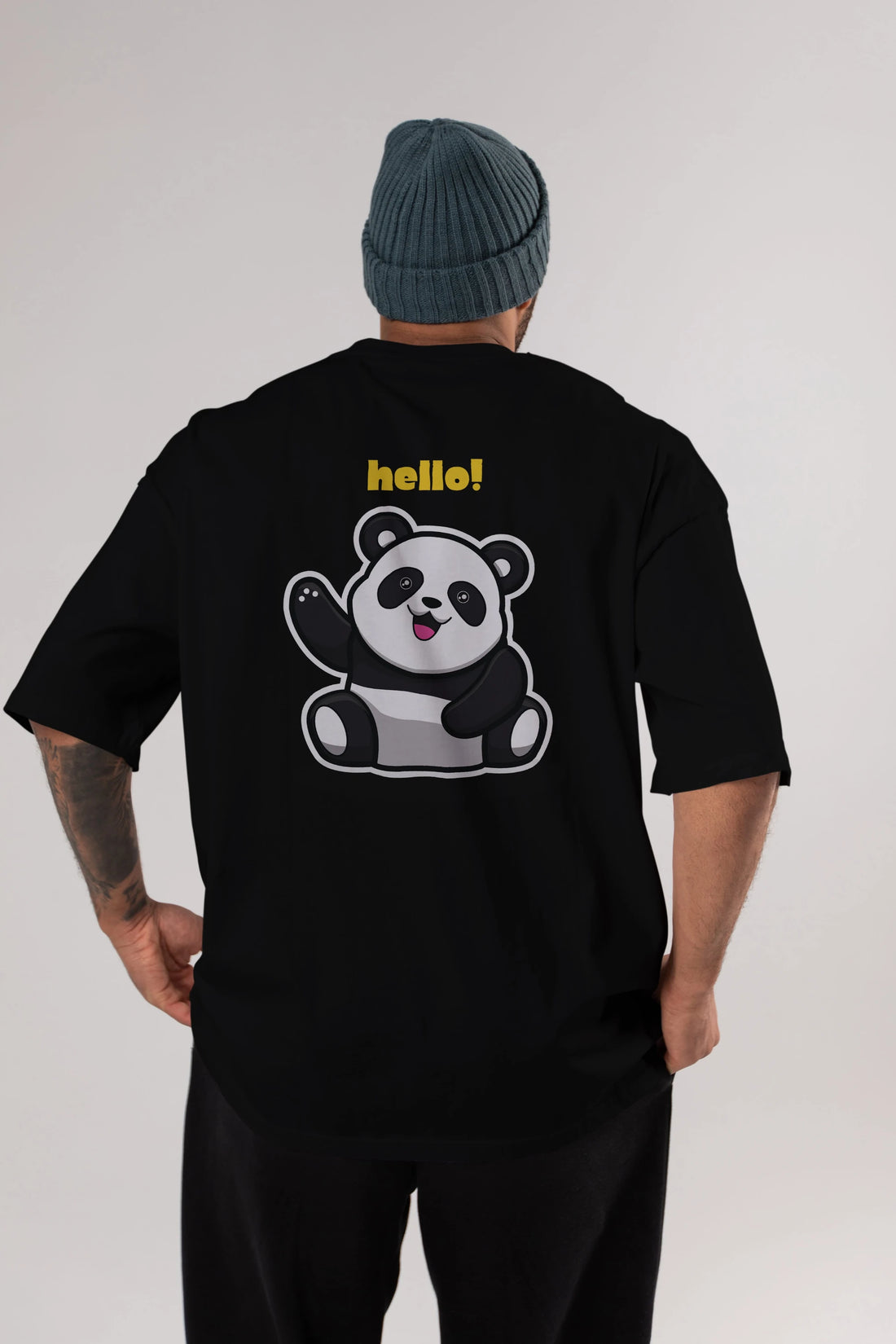 Hello Panda Arka Baskılı Oversize t-shirt Erkek Kadın Unisex