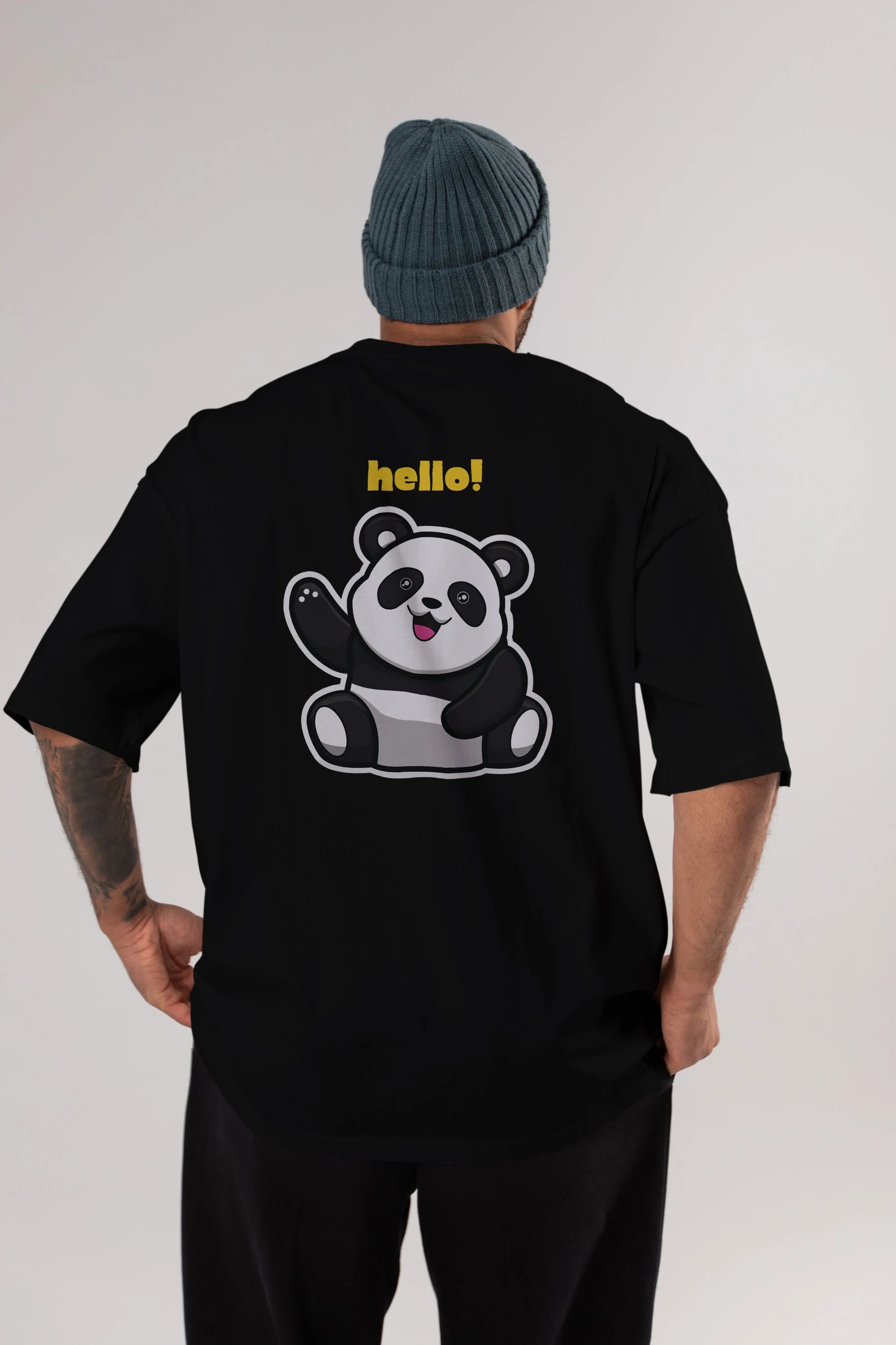 Hello Panda Arka Baskılı Oversize t-shirt Erkek Kadın Unisex