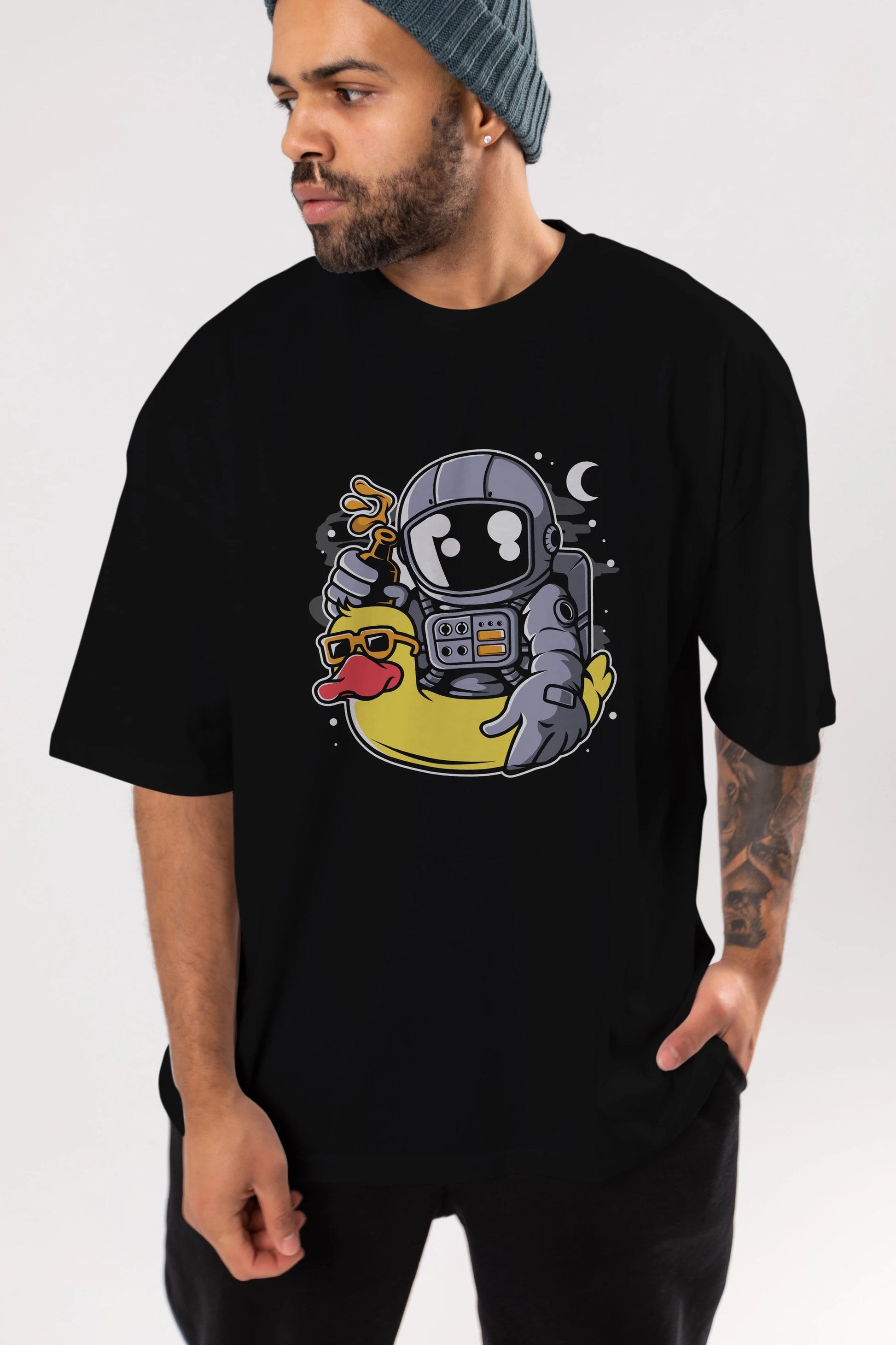 Astronaut Duck Balloon Ön Baskılı Oversize t-shirt Erkek Kadın Unisex