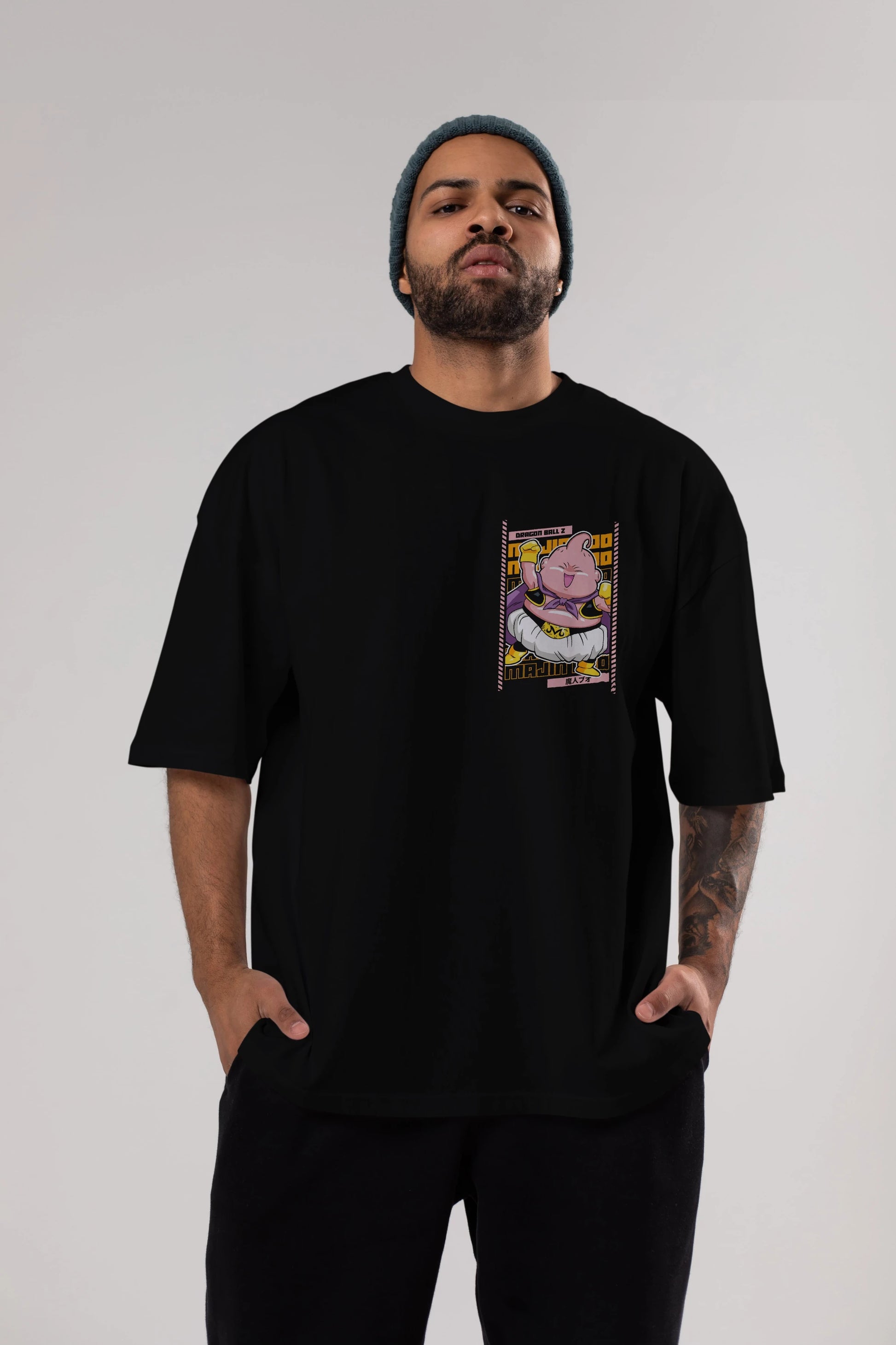 MAJIN BOO1 Ön Sol Baskılı Oversize t-shirt Erkek Kadın Unisex %100 Pamuk Bisiklet Yaka tişort