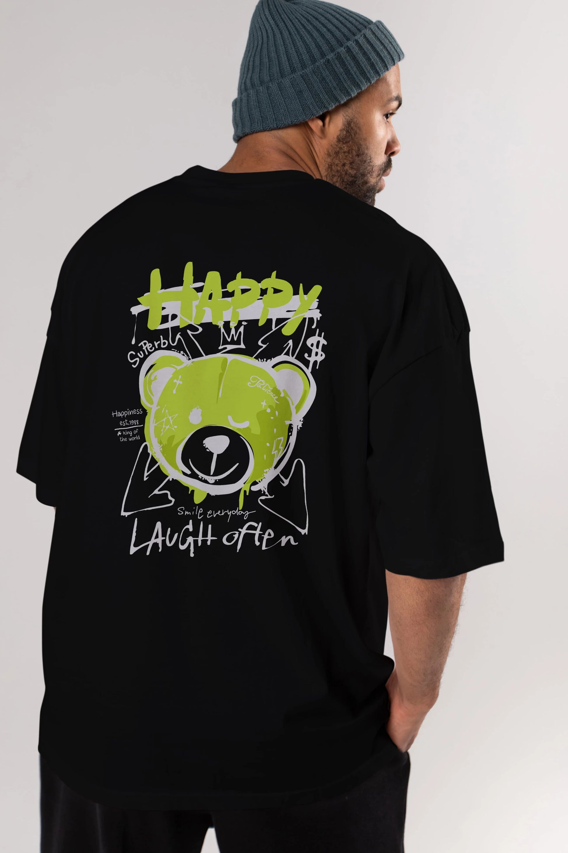 Happy Bear Arka Baskılı Oversize t-shirt Erkek Kadın Unisex