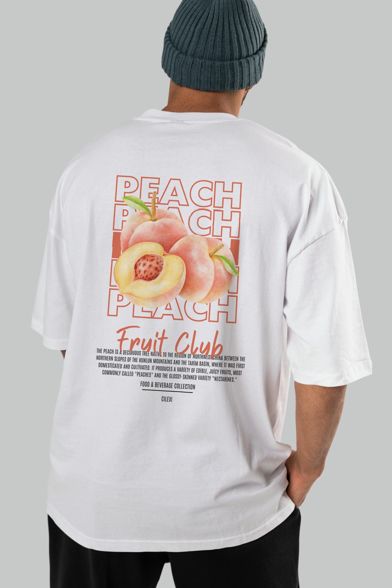 Peach Arka Baskılı Oversize t-shirt Erkek Kadın Pamuk Bisiklet Yaka tişort