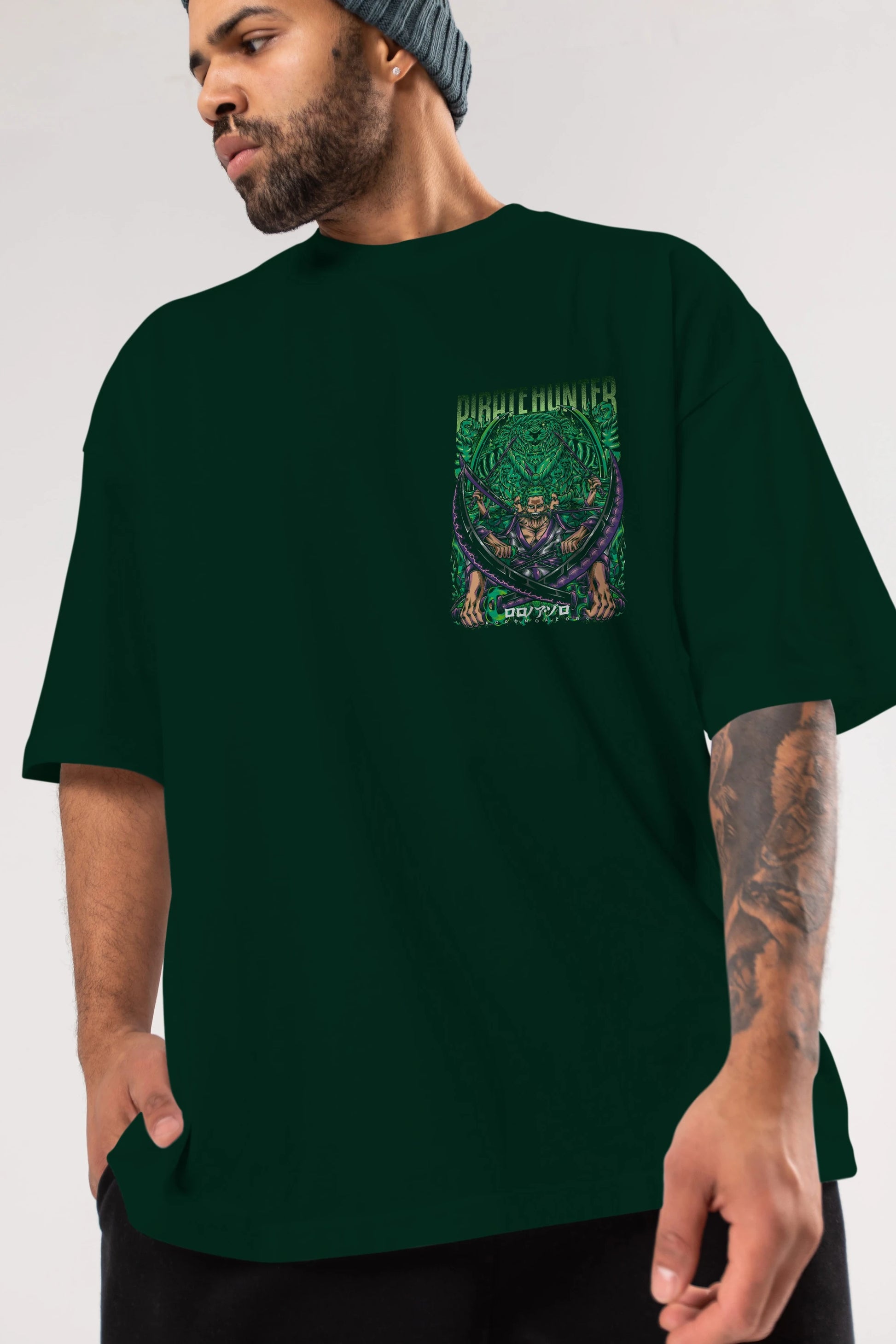 RORONOA ZORO 3 Ön Sol Baskılı Oversize t-shirt Erkek Kadın Unisex %100 Pamuk Bisiklet Yaka tişort