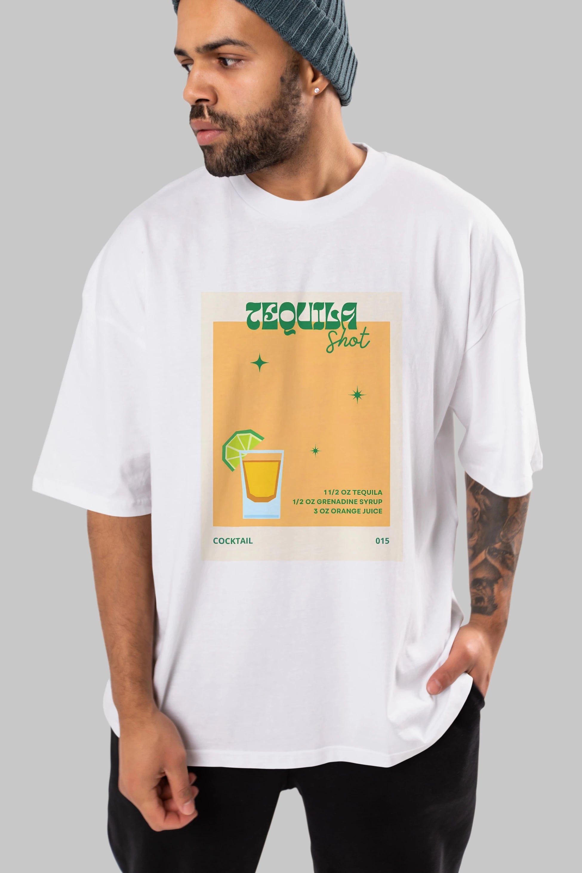 Tequila Shot 2 Ön Baskılı Oversize t-shirt Erkek Kadın Unisex %100 Pamuk Bisiklet Yaka tişort