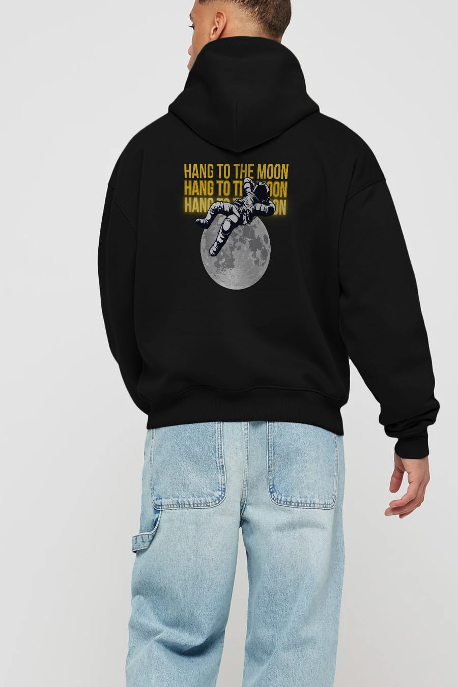 Hang to the Moon Yazılı Arka Baskılı Oversize Hoodie Kapüşonlu Sweatshirt Erkek Kadın Unisex
