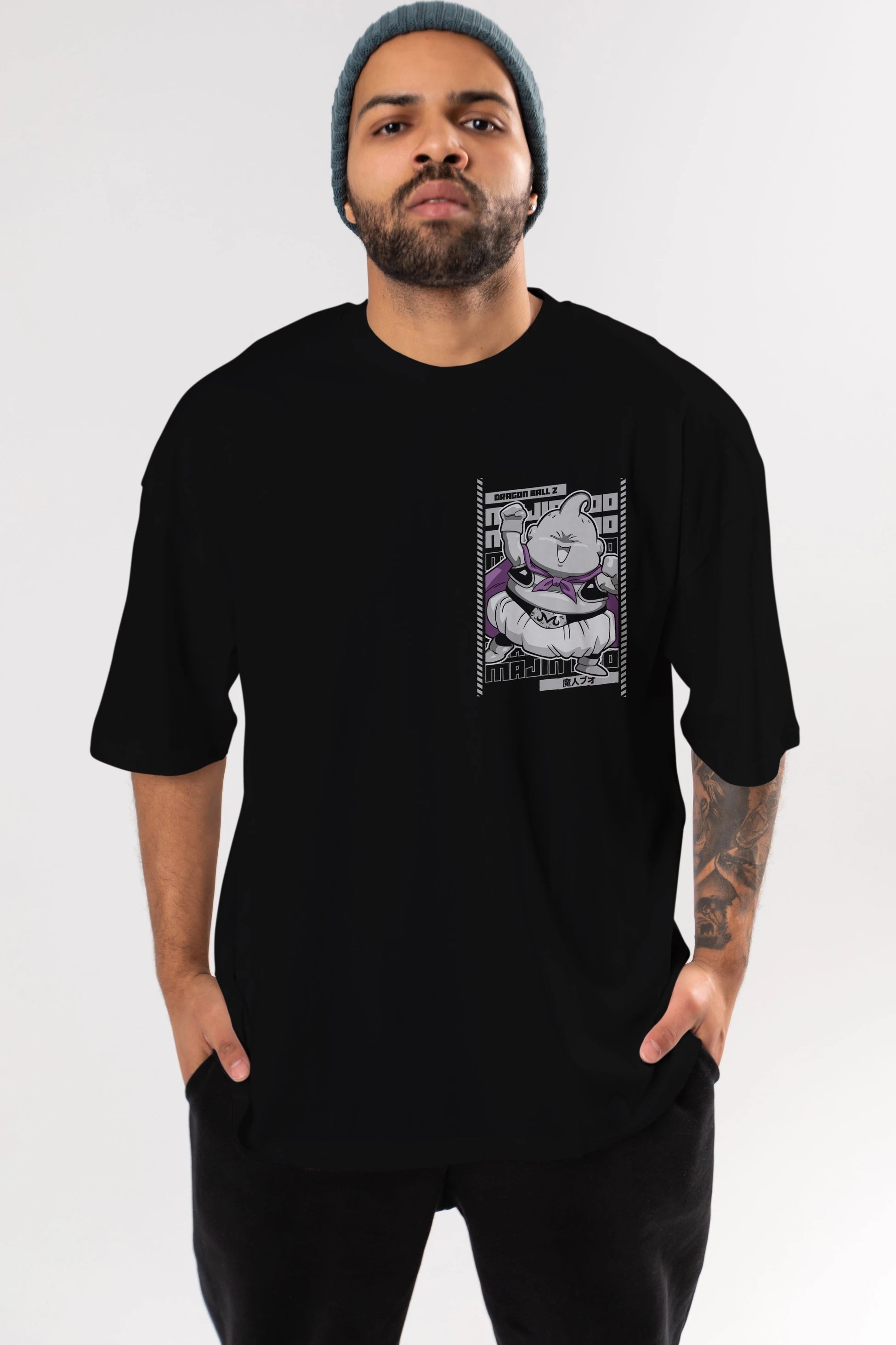 MAJIN BOO2 Ön Sol Baskılı Oversize t-shirt Erkek Kadın Unisex %100 Pamuk Bisiklet Yaka tişort